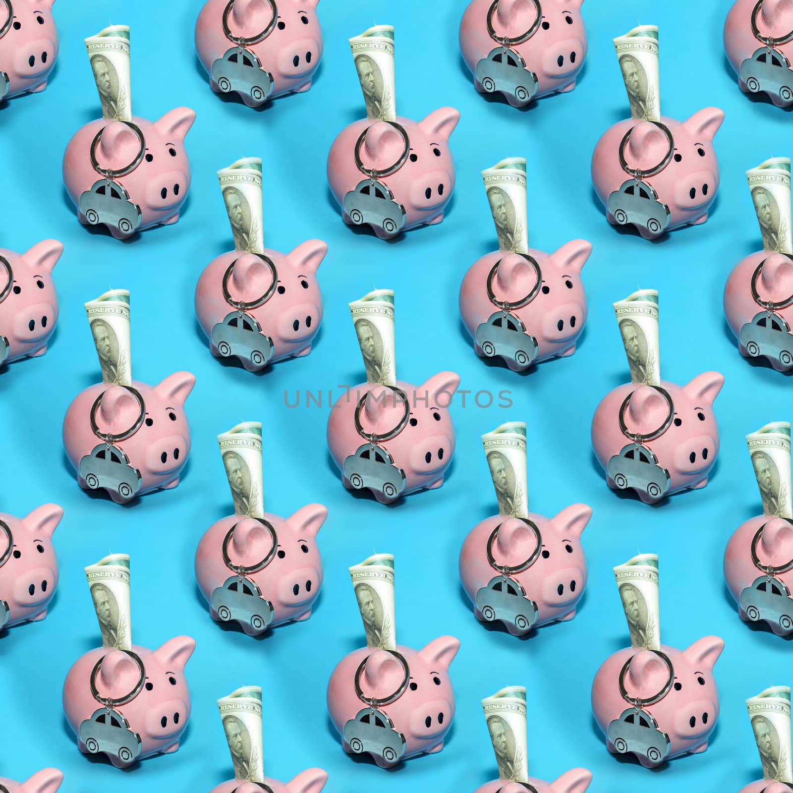 Seamless abstract business background with pink money piggy banks on a blue background