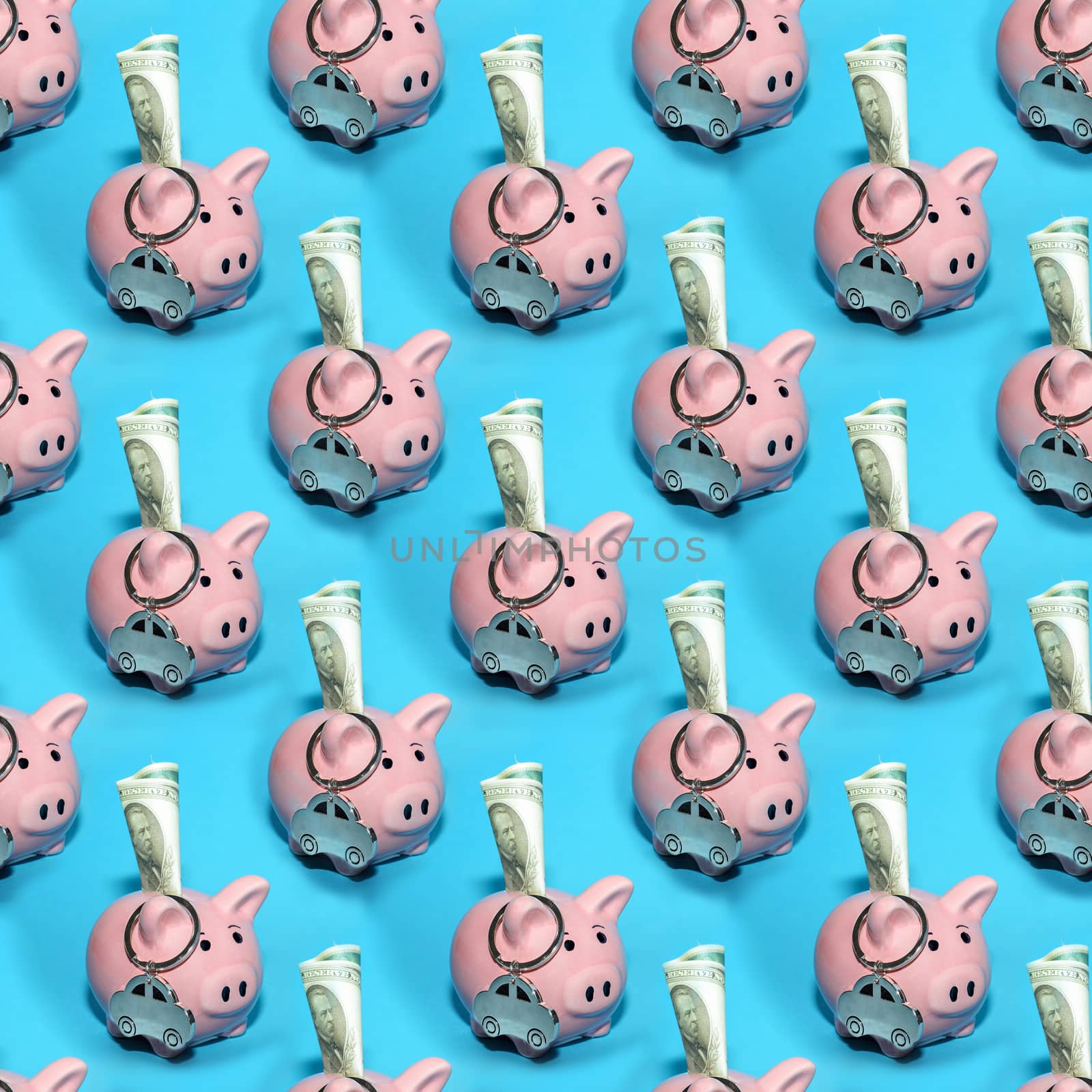 Seamless abstract business background with pink money piggy banks on a blue background