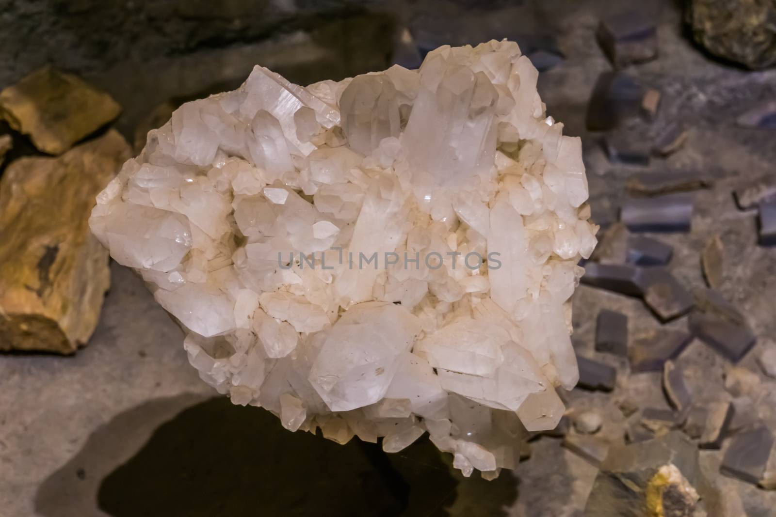 closeup of a crystal quartz rock, White pure crystalline, mineral earth stone, spiritual healing crystals