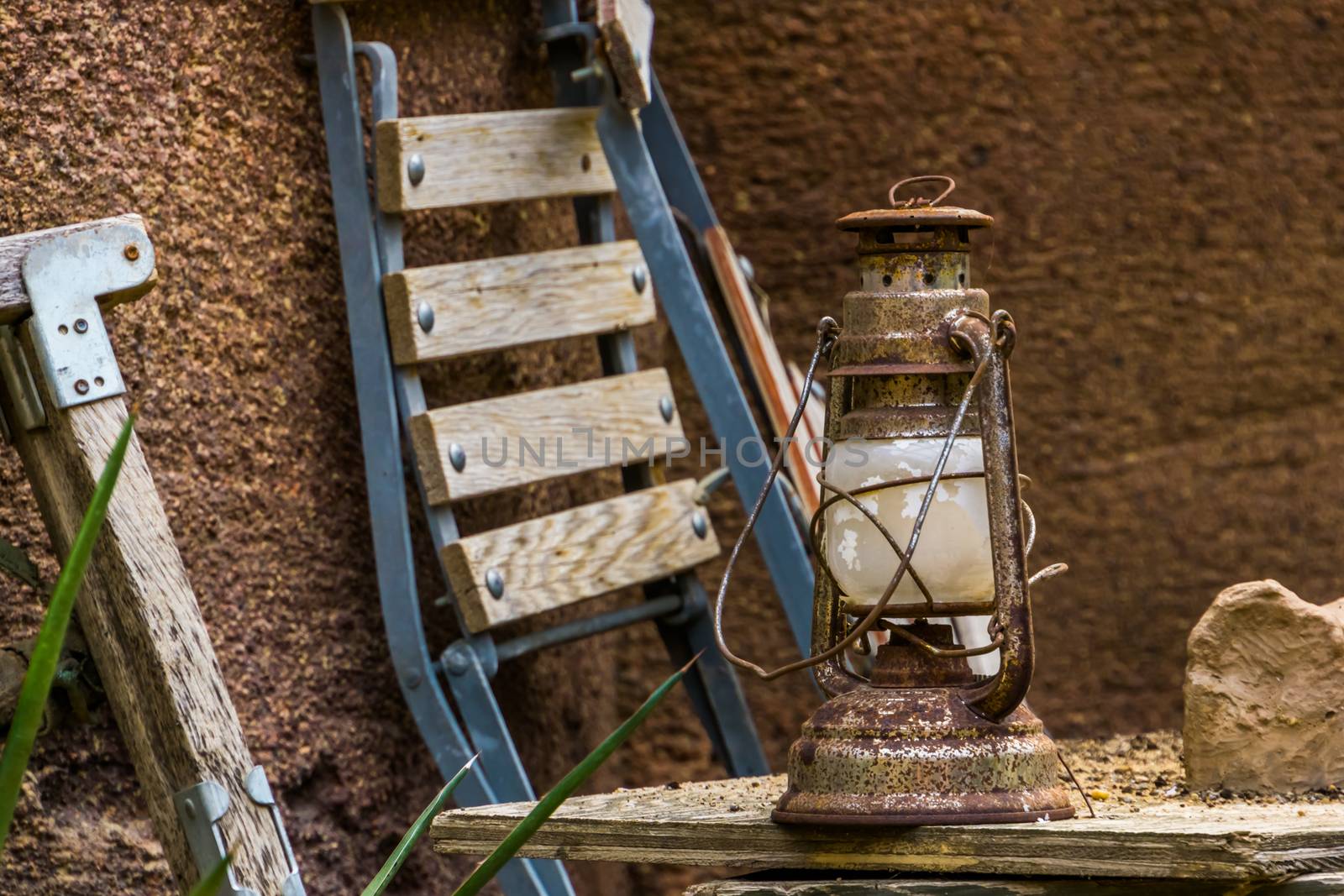 old Rusty vintage lantern, basic indoor and outdoor lighting, Nostalgic camping equipment