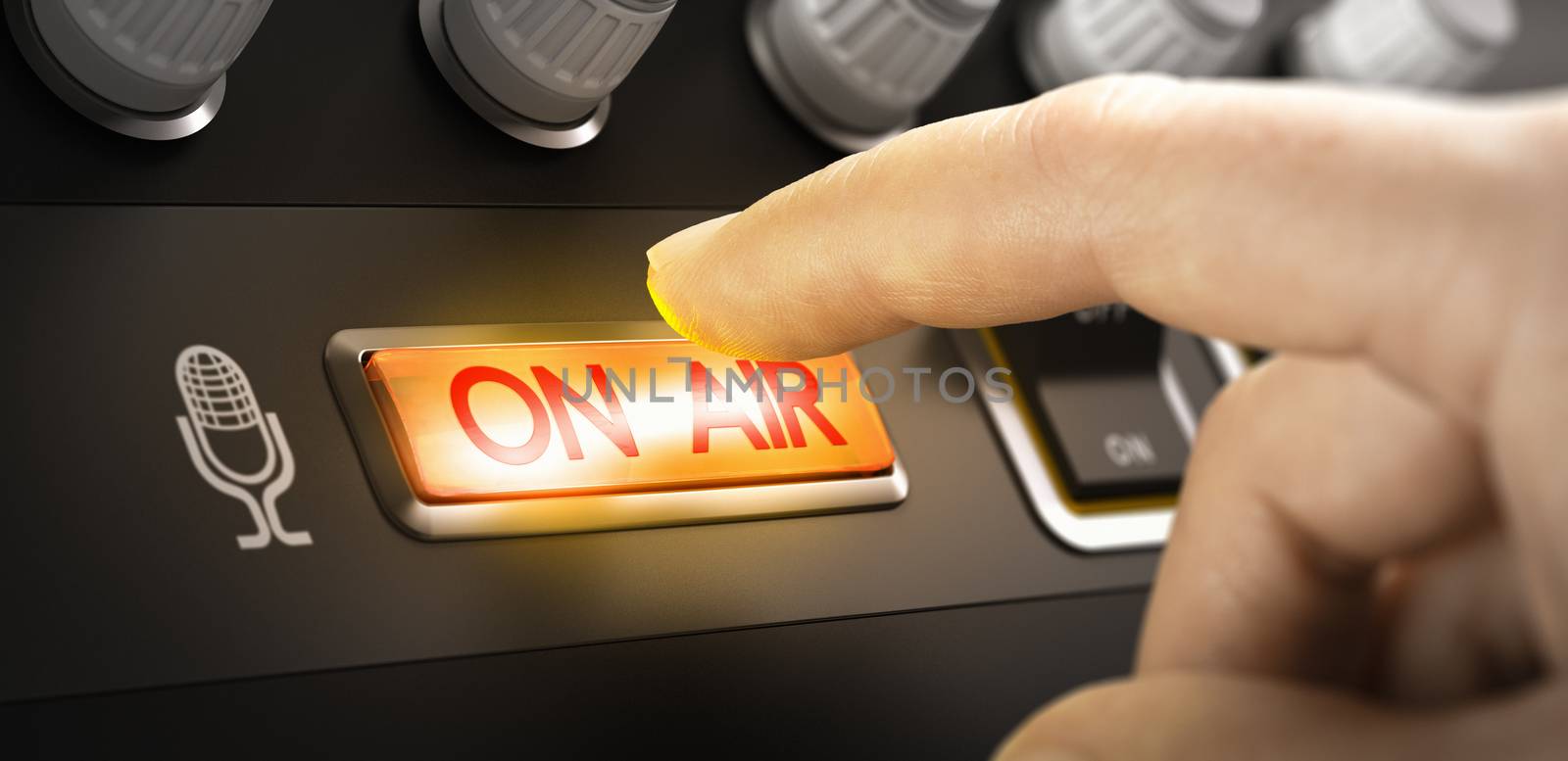 Finger pressing a button to activate an on air sign. Composite image between a hand photography and a 3D background.