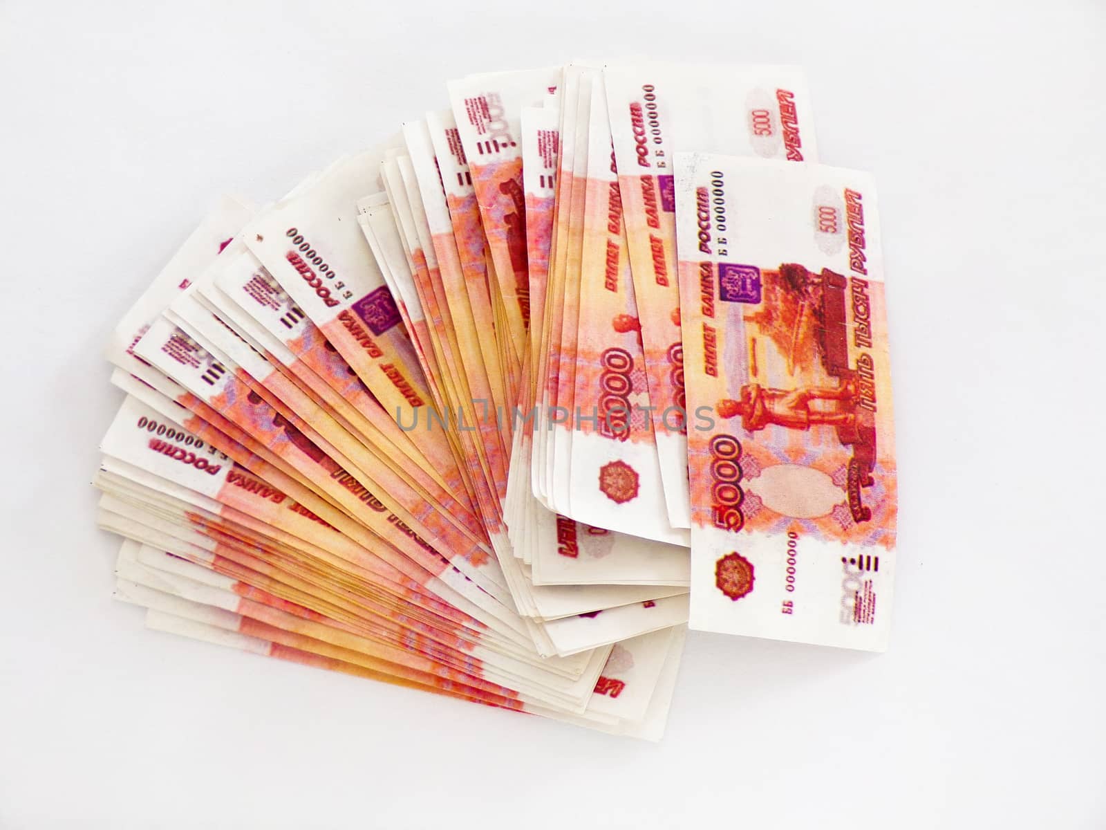 Money isolated on a white background. A lot of Russian banknotes. Fan of banknotes. Mortgage or loan. Debt. Wages. Steal money.