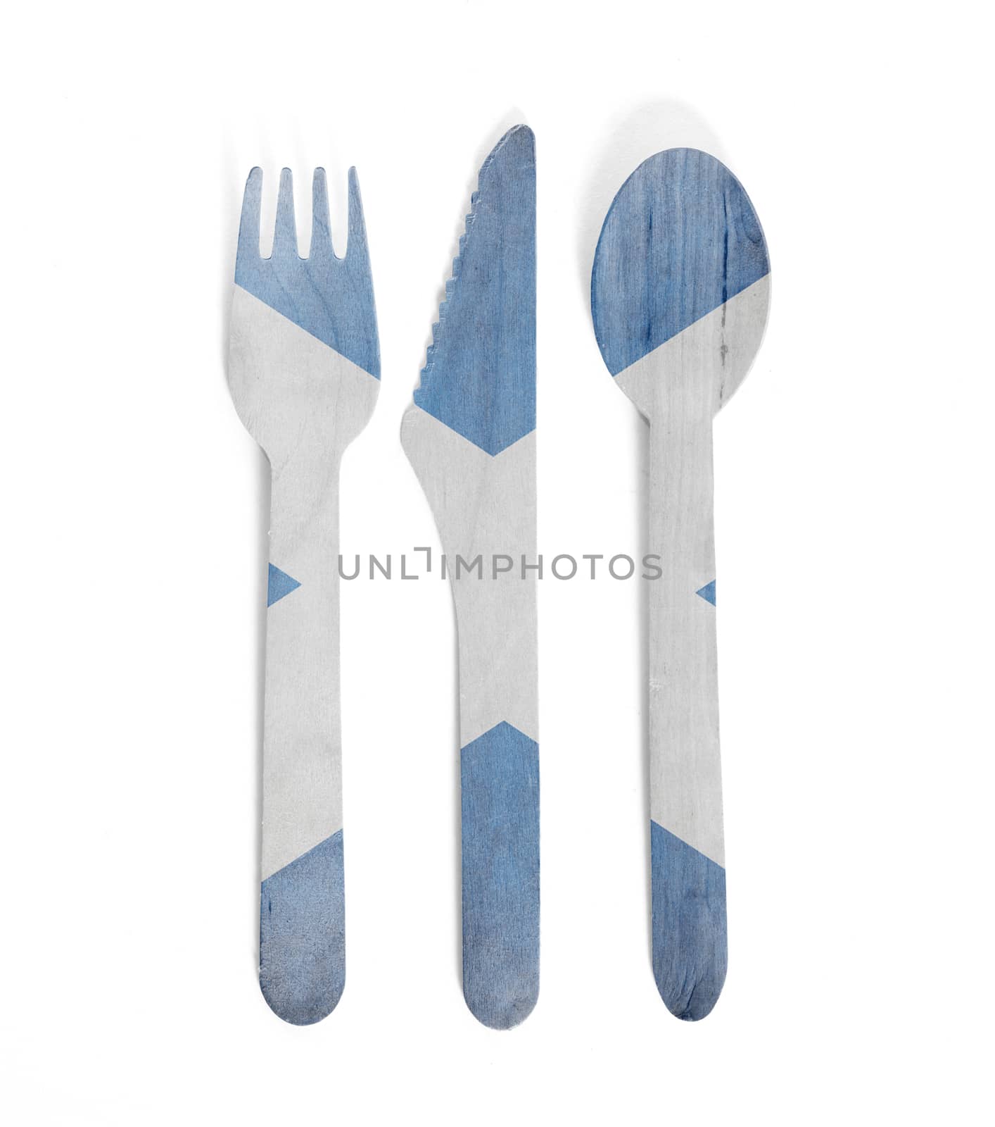 Eco friendly wooden cutlery - Plastic free concept - Isolated - Flag of Scotland