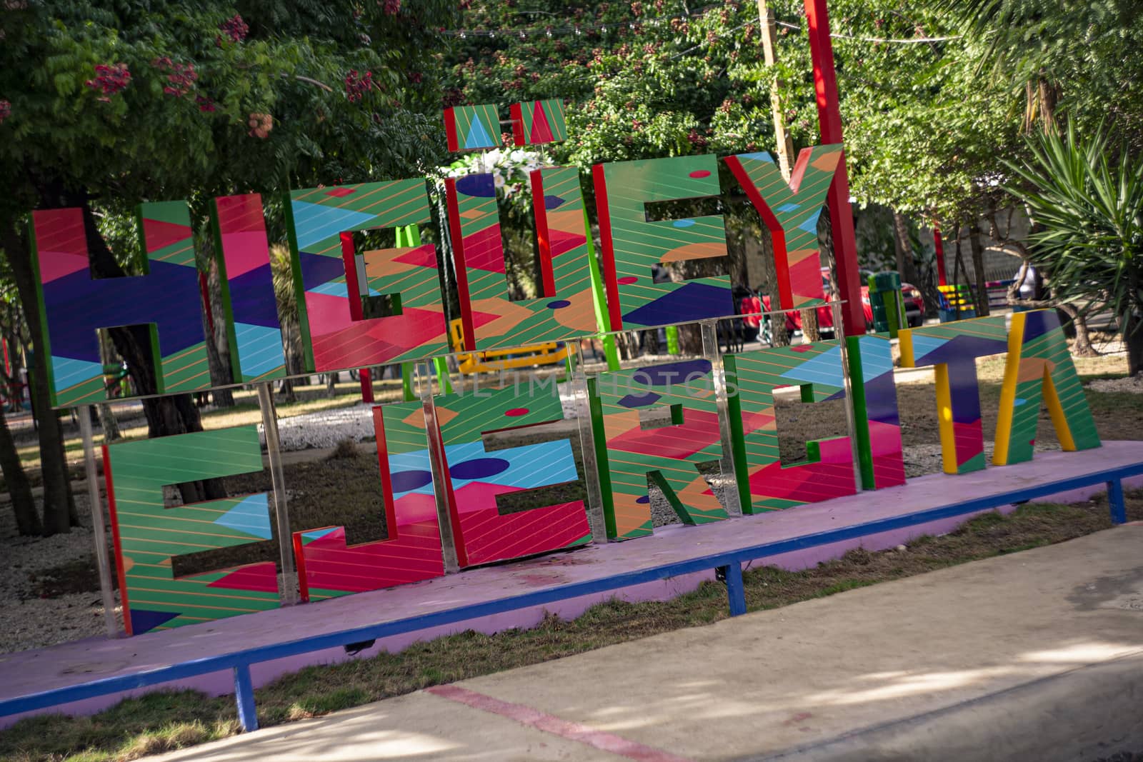 HIGUEY, DOMINICAN REPUBLIC 12 JANUARY 2020: Higuey signal in a public park