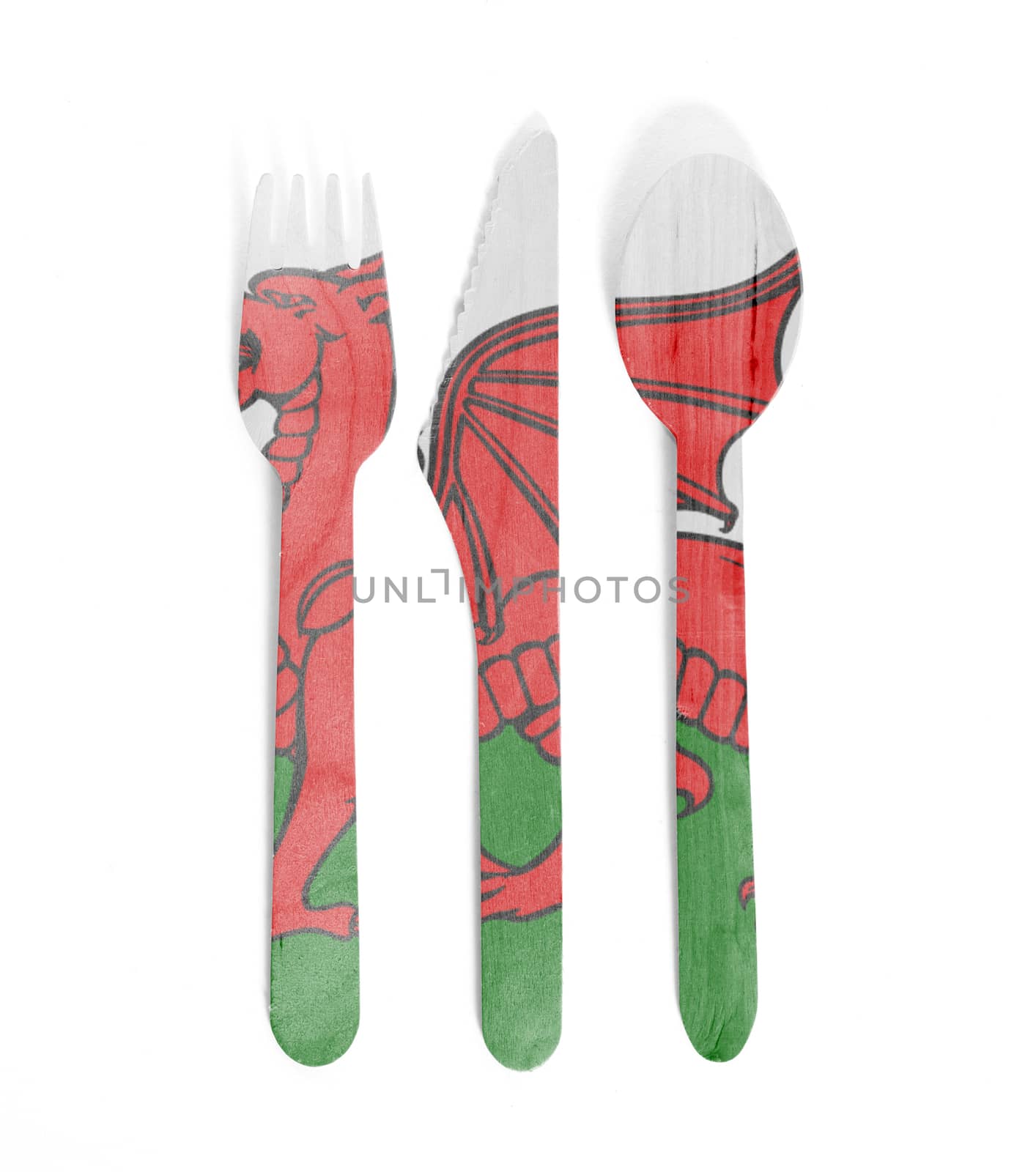 Eco friendly wooden cutlery - Plastic free concept - Isolated - Flag of Wales