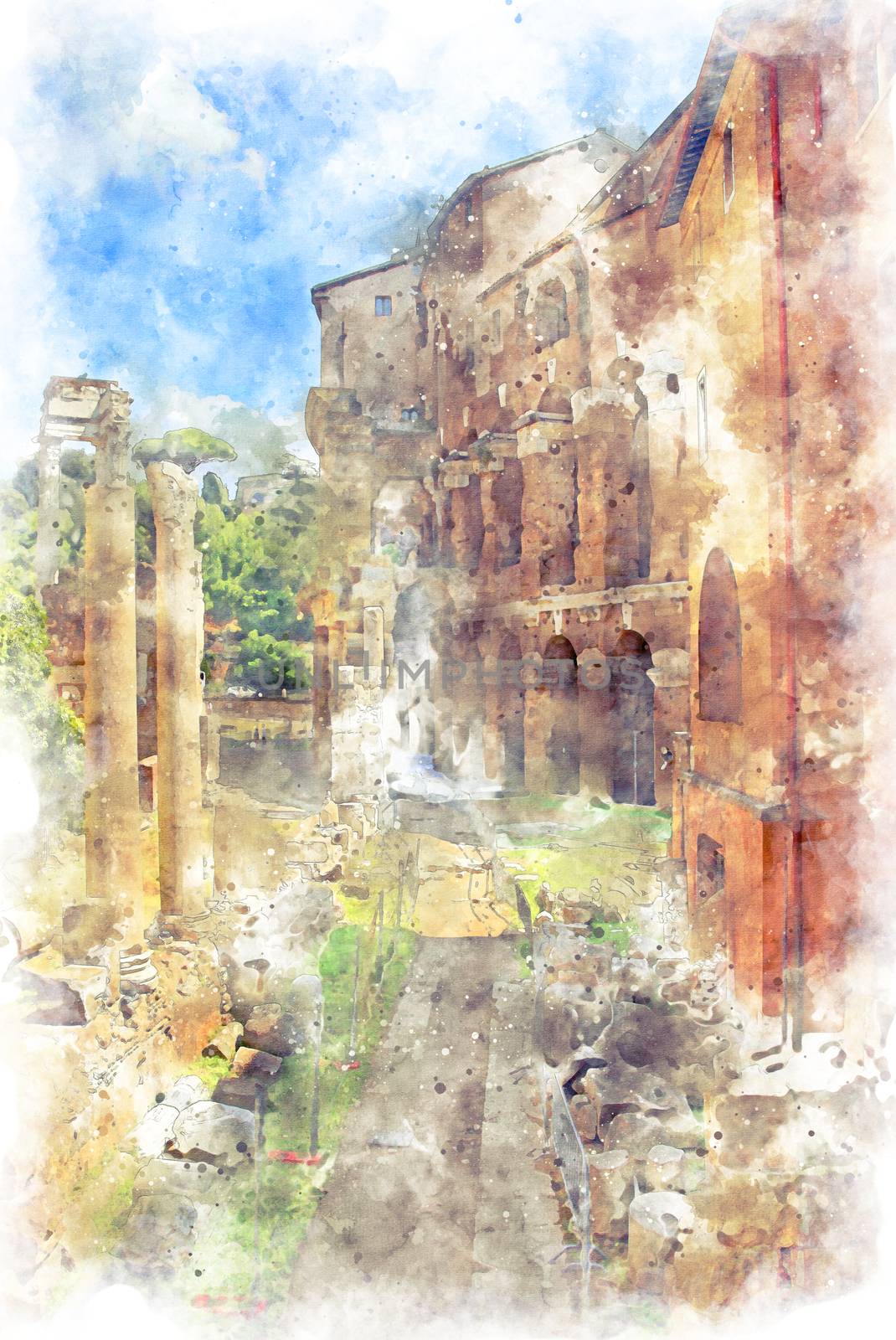 Digital illustration in watercolor style of Marcello Theater and Temple of Apollo Medicus Sosianus, view from Via del Teatro di Marcello, Rome, Italy