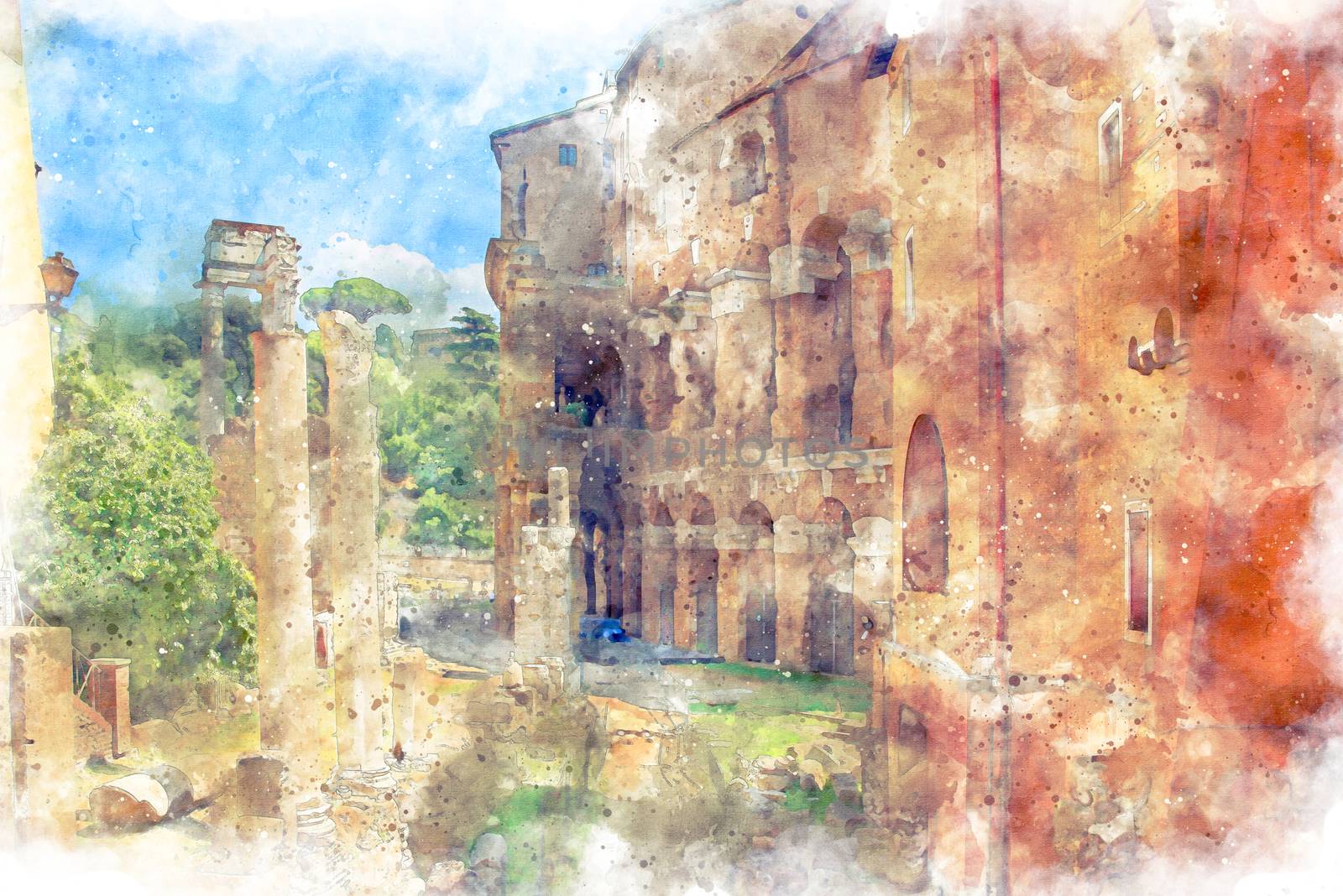 Digital illustration in watercolor style of Marcello Theater and Temple of Apollo Medicus Sosianus, view from Via del Teatro di Marcello, Rome, Italy