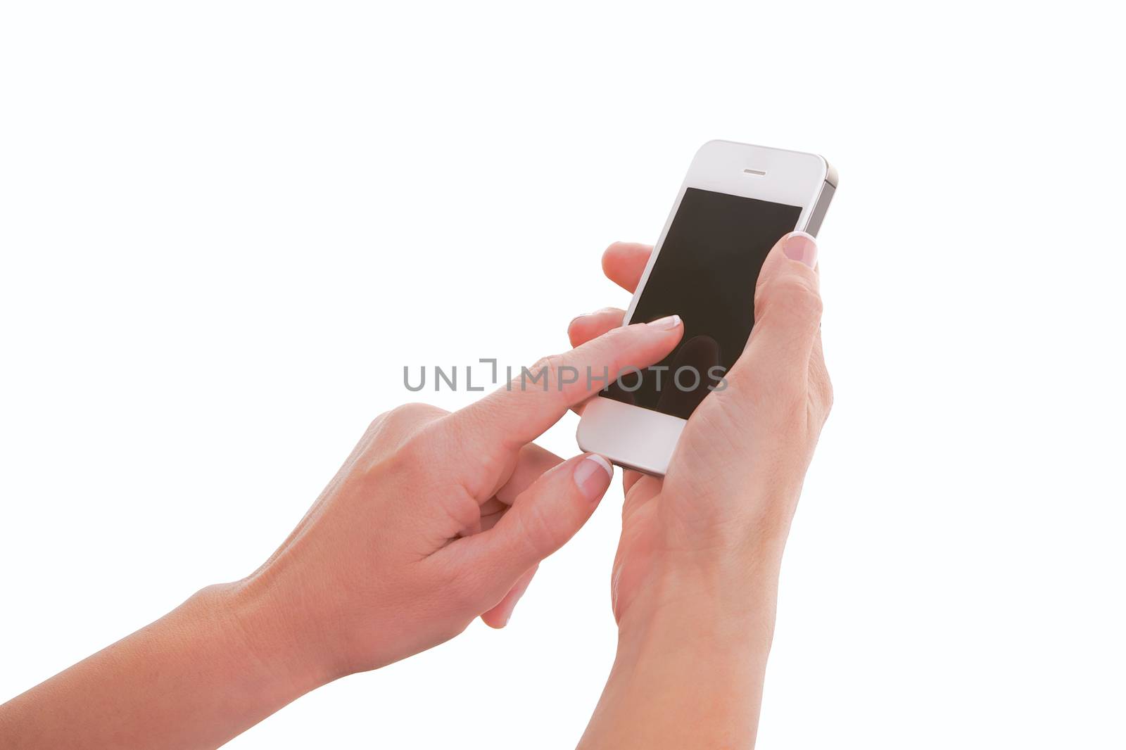 Female Hand Holding Smartphone Touching Screen isolated against white background.