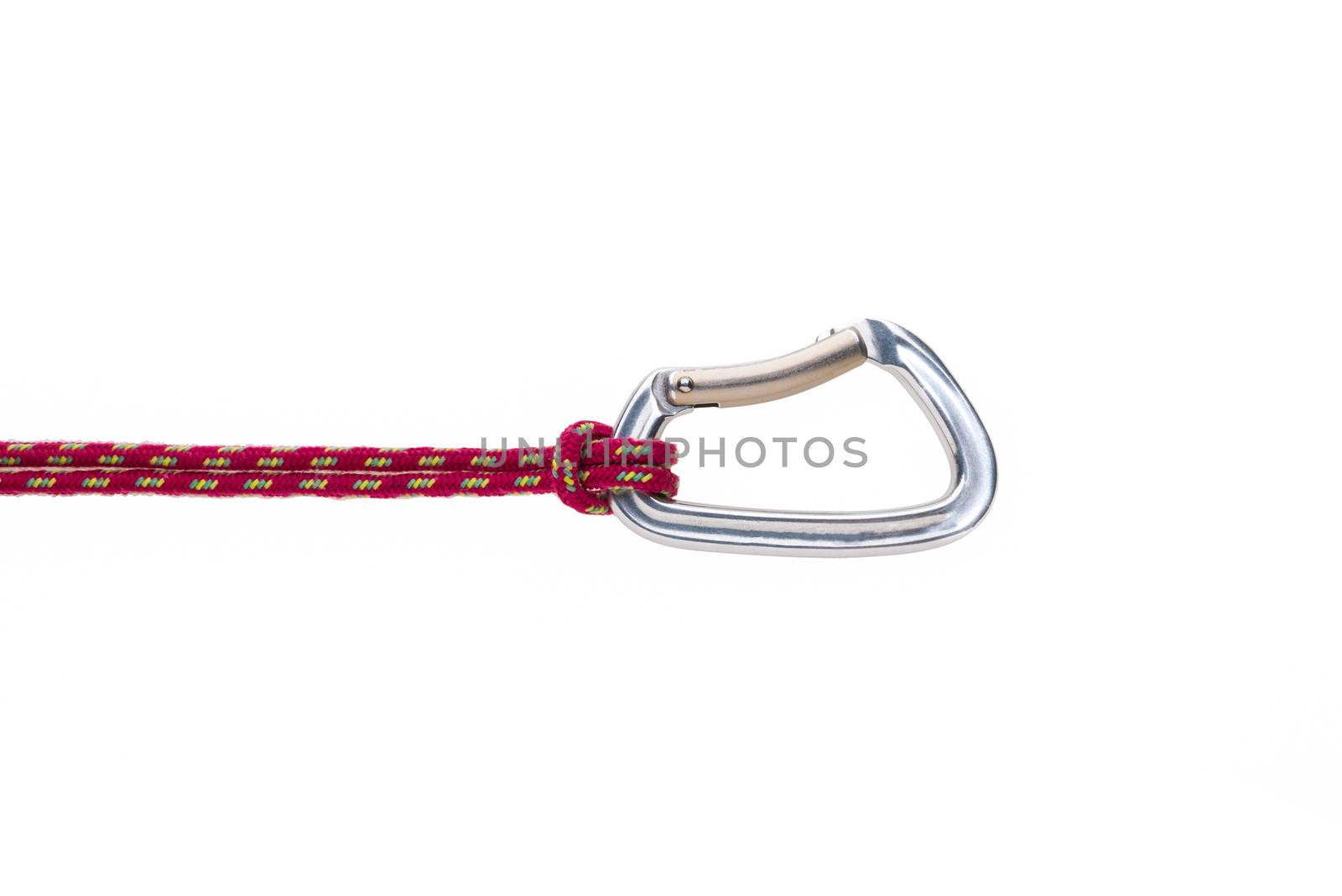 Carabiner with rope isolated against white background.