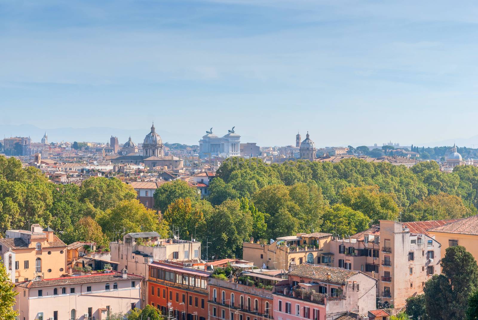 Rome overview with monument Panorama from Piazzale Garibaldi. Italy