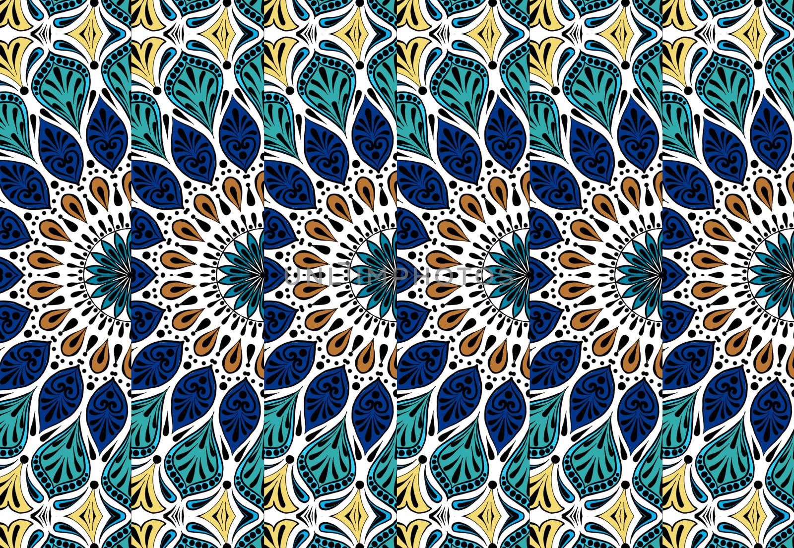Colorful floral ethnic mandala pattern in patchwork boho chic style in blue and turquoise colors, in portuguese and moroccan motive