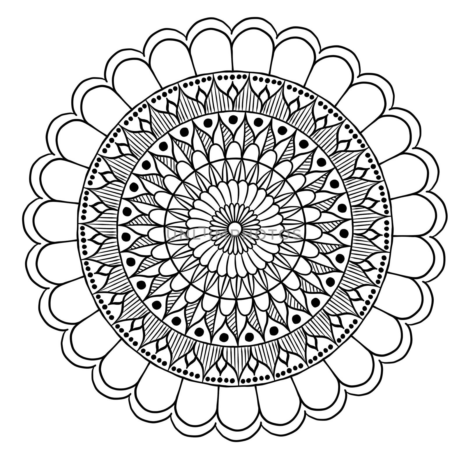 abstract with floral round lace mandala, decorative element in ethnic tribal style, black line art on a white background