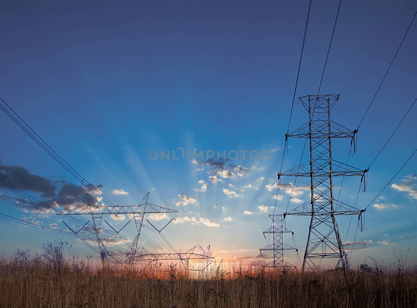 Open grass field with high Power LInes Over Field at Sunrise