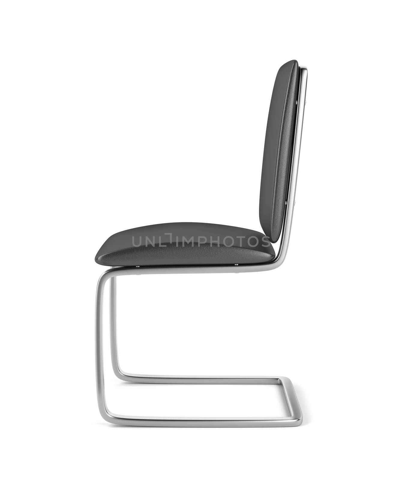 Side view of modern chair made from black leather and metal on white background
