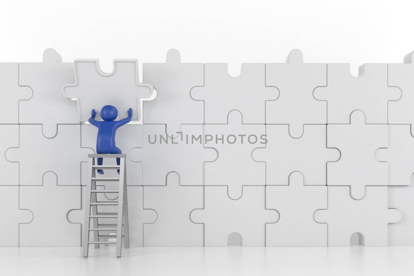 3D illustration,3D rendering,The character is wearing the last piece of the jigsaw puzzle to complete the mission. Includes selection path of floor and background.
