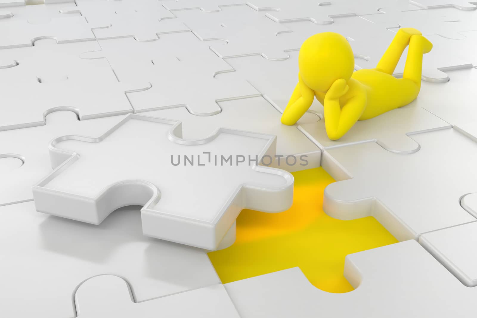 3D illustration,3D rendering,The character is wearing the last piece of the jigsaw puzzle to complete the mission. Includes selection path of floor and background.