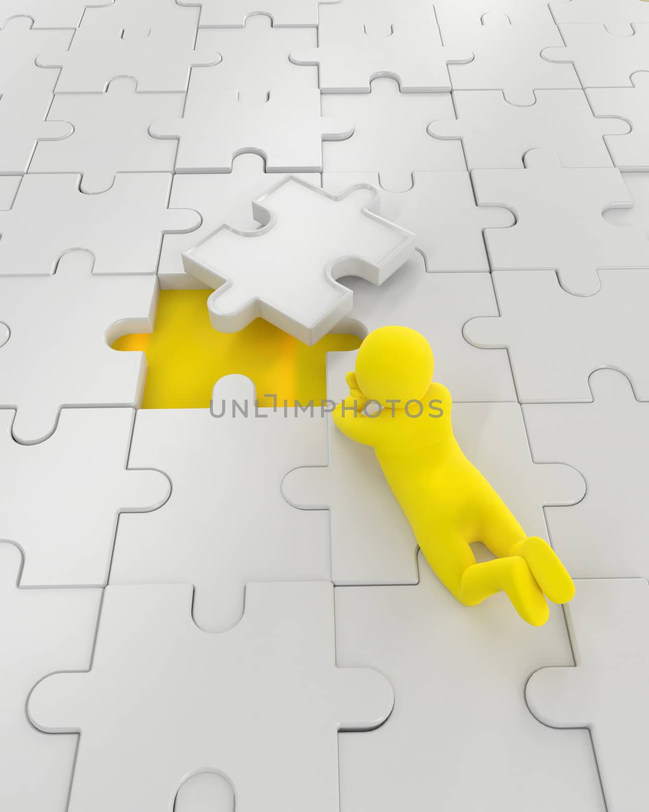 3D illustration,3D rendering,The character is wearing the last piece of the jigsaw puzzle to complete the mission. Includes selection path of floor and background.