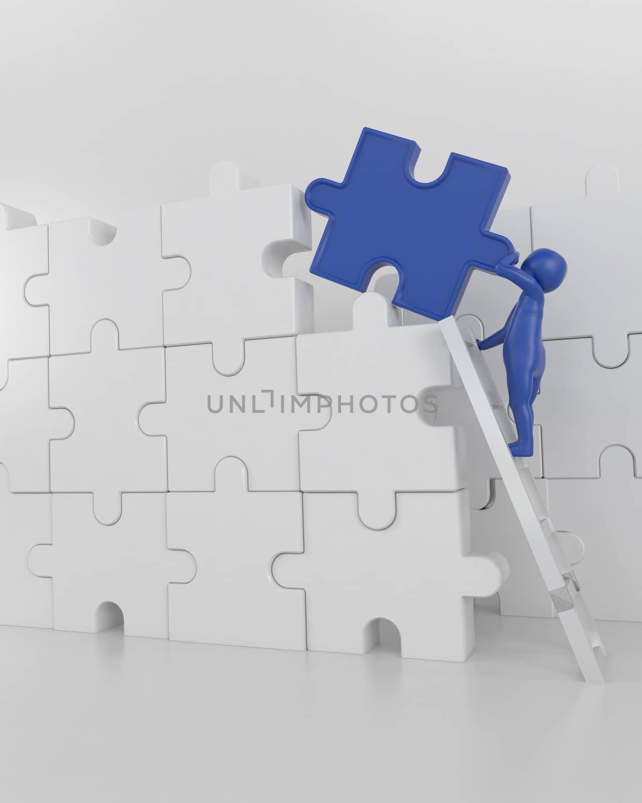 3D illustration,3D rendering,The character is wearing the last piece of the jigsaw puzzle to complete the mission. Includes selection path of floor and background.