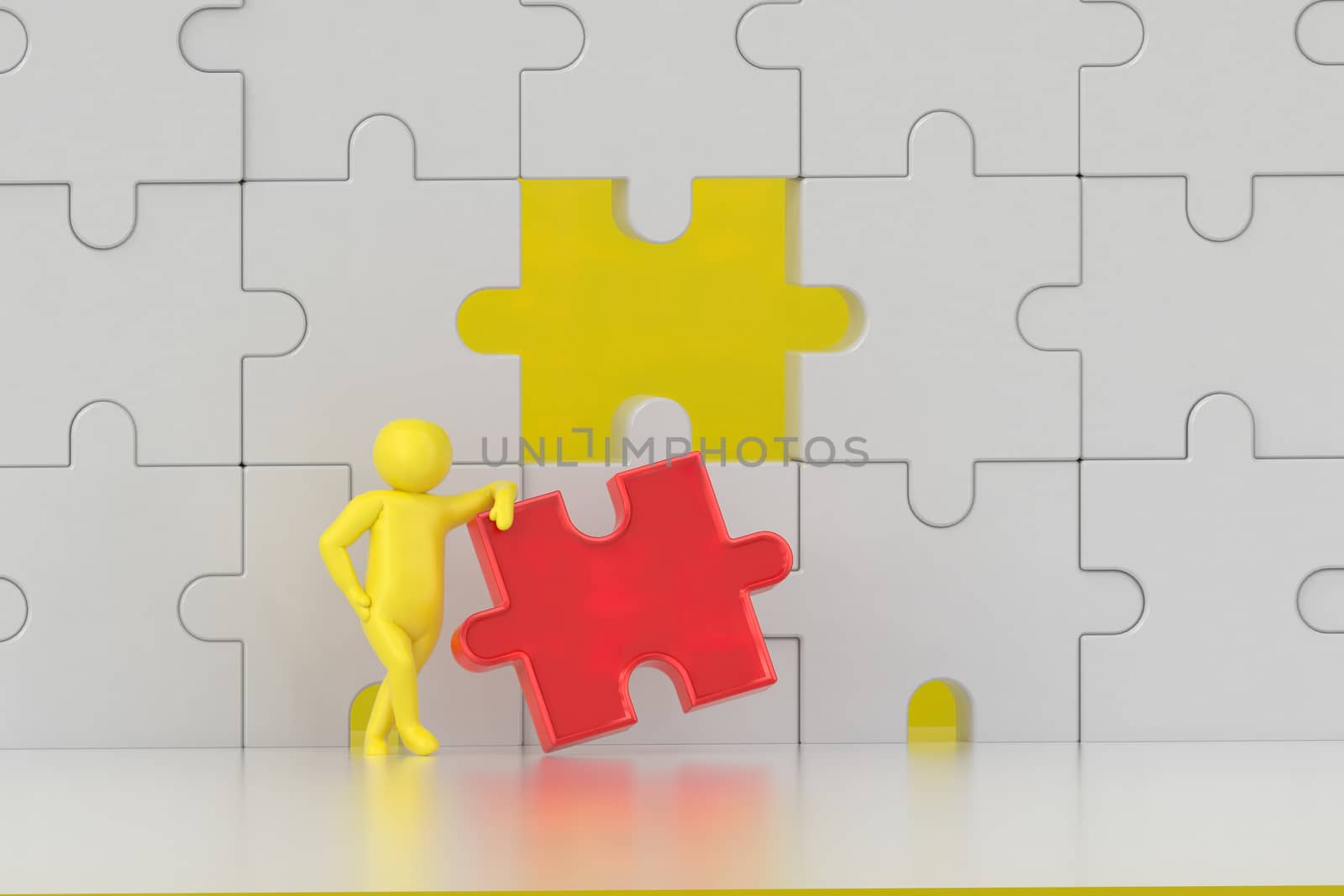 3D illustration,3D rendering,The character is wearing the last piece of the jigsaw puzzle to complete the mission. Includes selection path of floor and background.