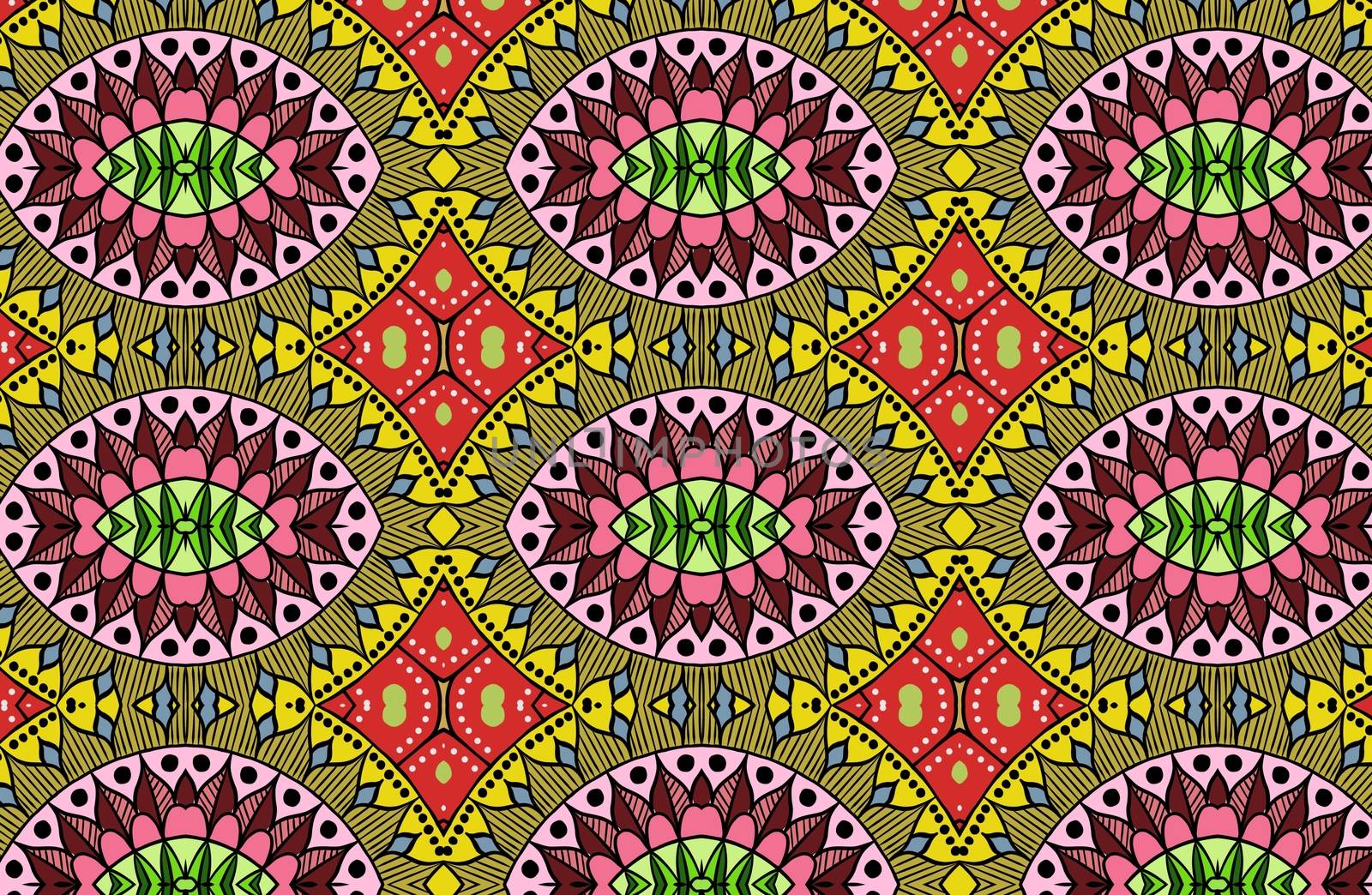 Colorful floral ethnic mandala pattern in patchwork boho chic style in yellow and red colors, in portuguese and moroccan motive