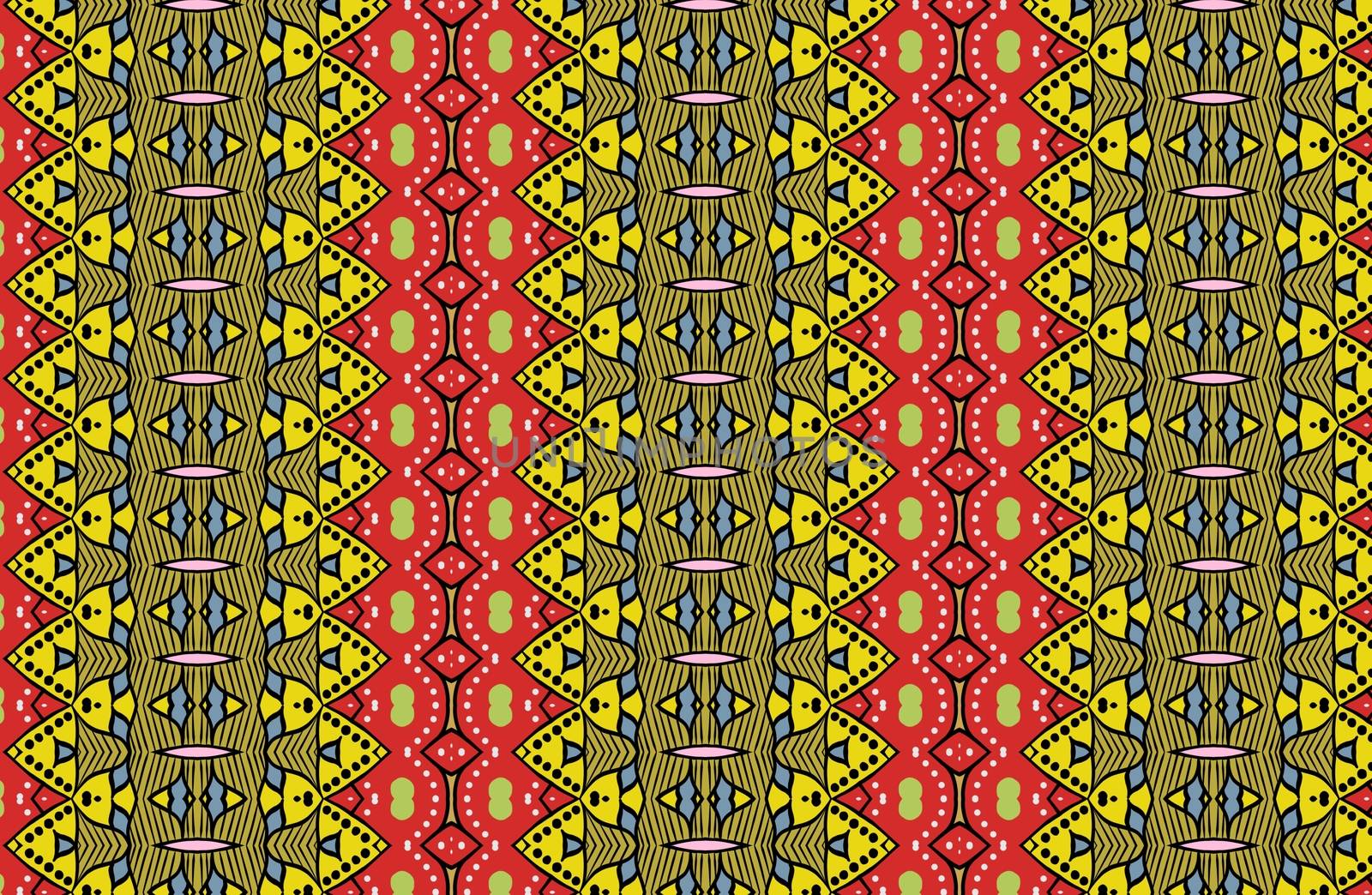 Colorful floral ethnic mandala pattern in patchwork boho chic style in yellow and red colors, in portuguese and moroccan motive