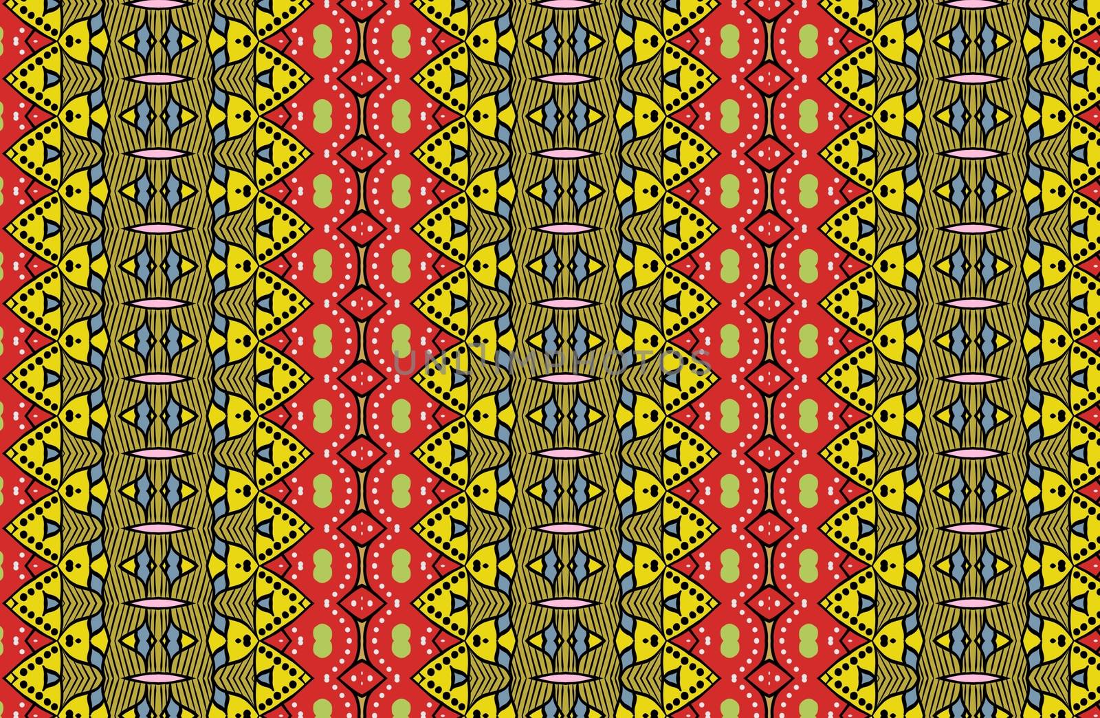 Colorful floral ethnic mandala pattern in patchwork boho chic style in yellow and red colors, in portuguese and moroccan motive