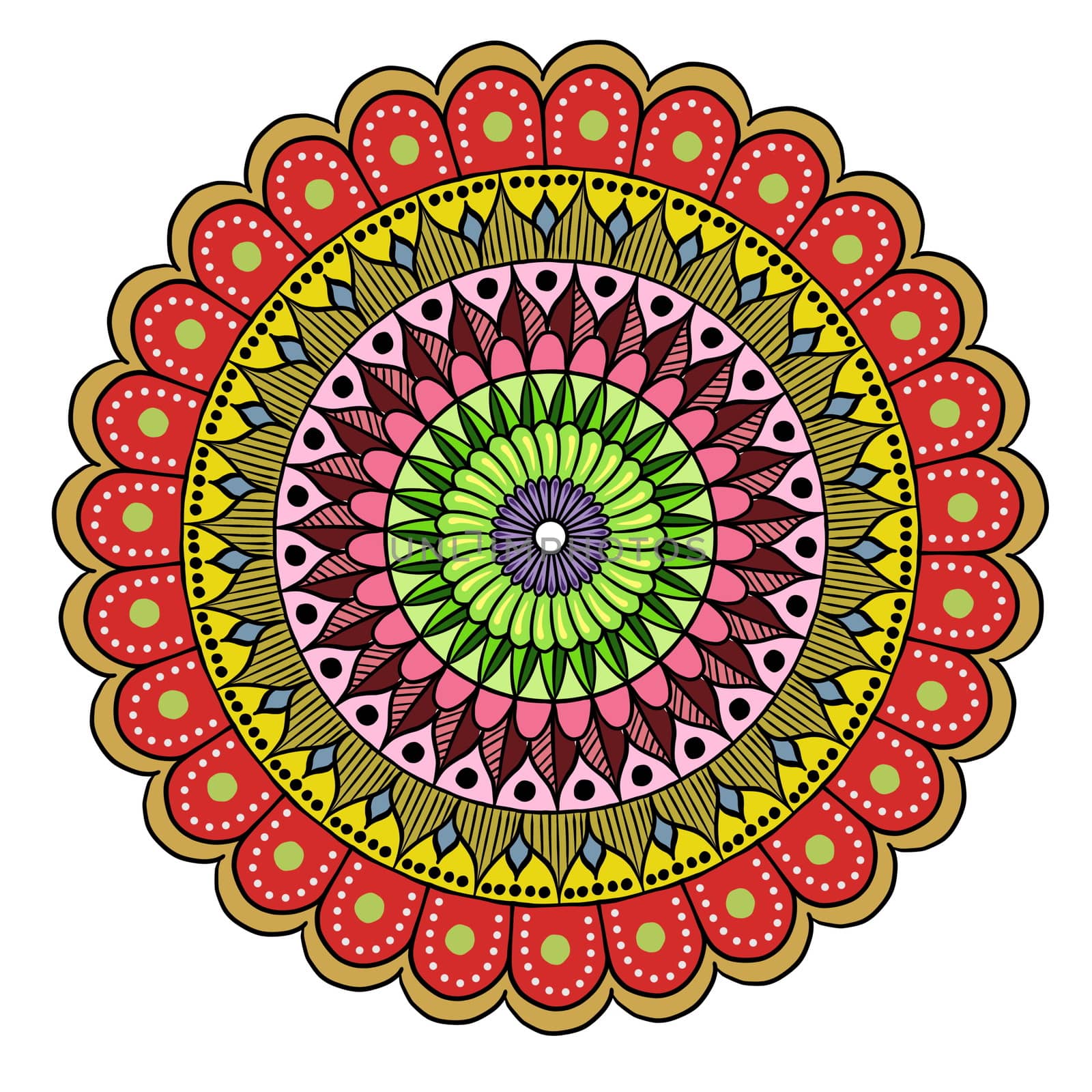 Drawing of a floral oriental mandala in yellow, green and red colors on a white background. Hand drawn tribal stock illustration