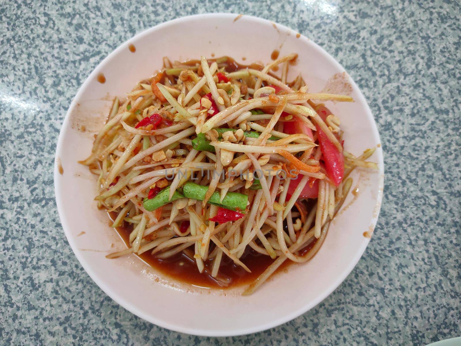 The Famous Thai food, papaya salad or what we called "Somtum" in Thai, Top view