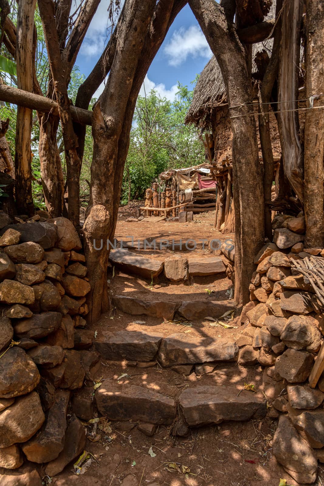 Simple stone stairs to house in walled village tribes Konso. African village. Africa, Ethiopia. Konso villages are listed as UNESCO World Heritage sites.