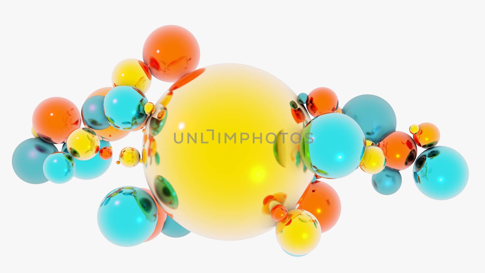 Composition of multicolored glass spheres on white background. 3D illustration