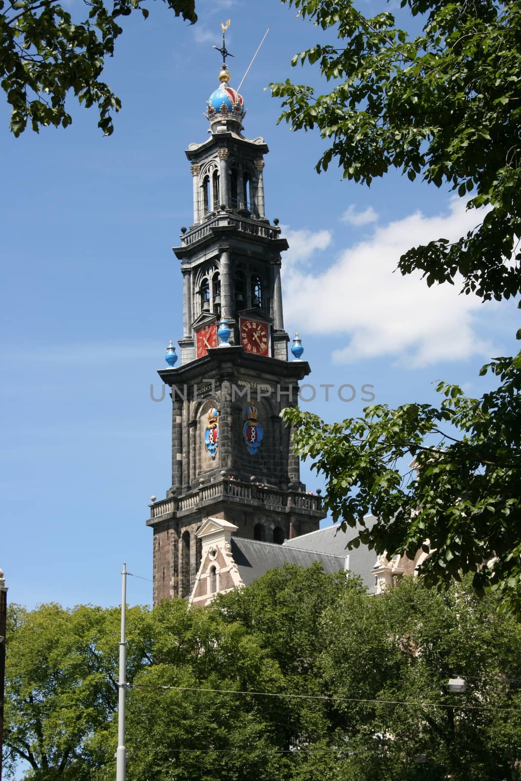 church tower blue sky in background