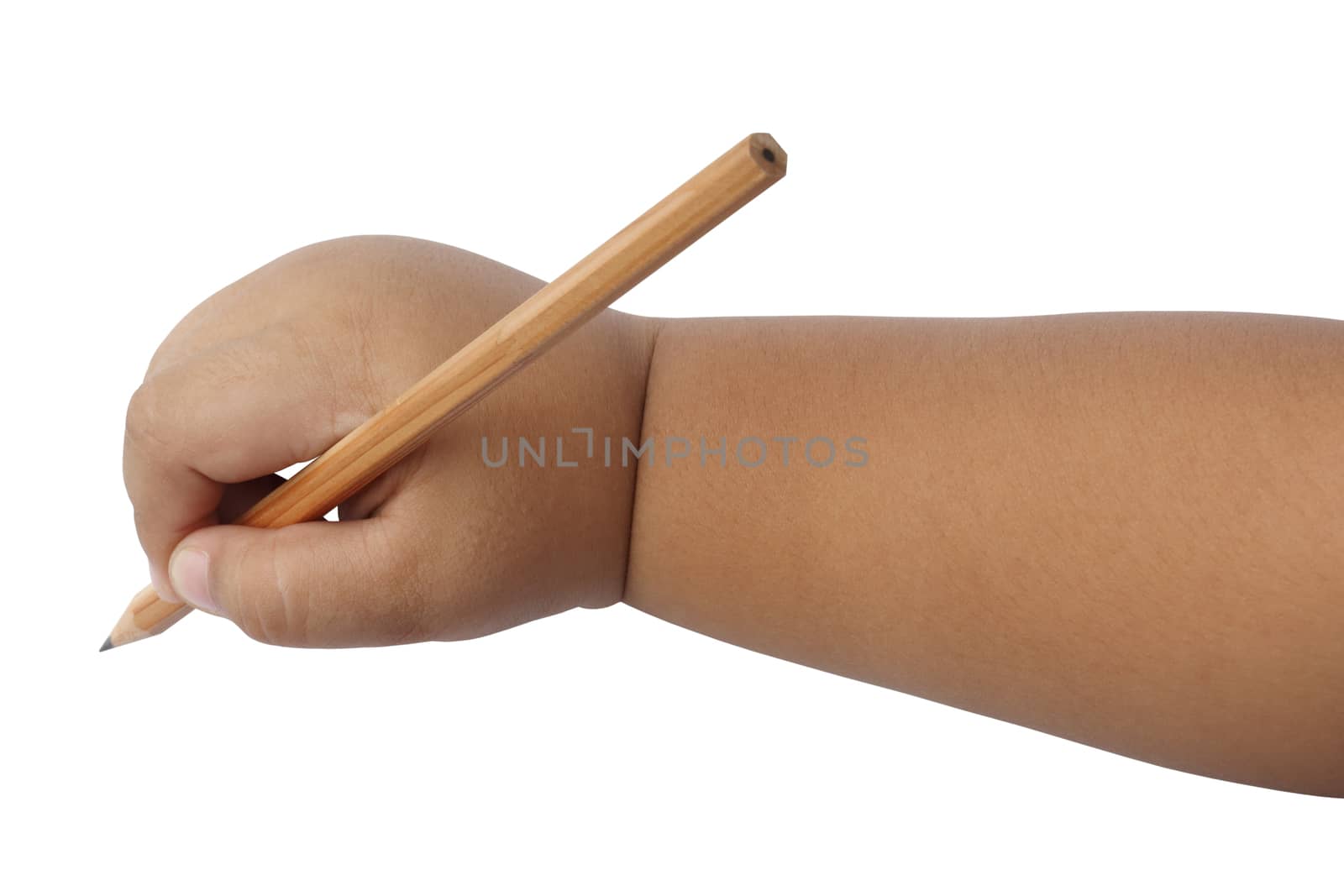 Boy hand writing with pencil isolated on white background, clipping path. 