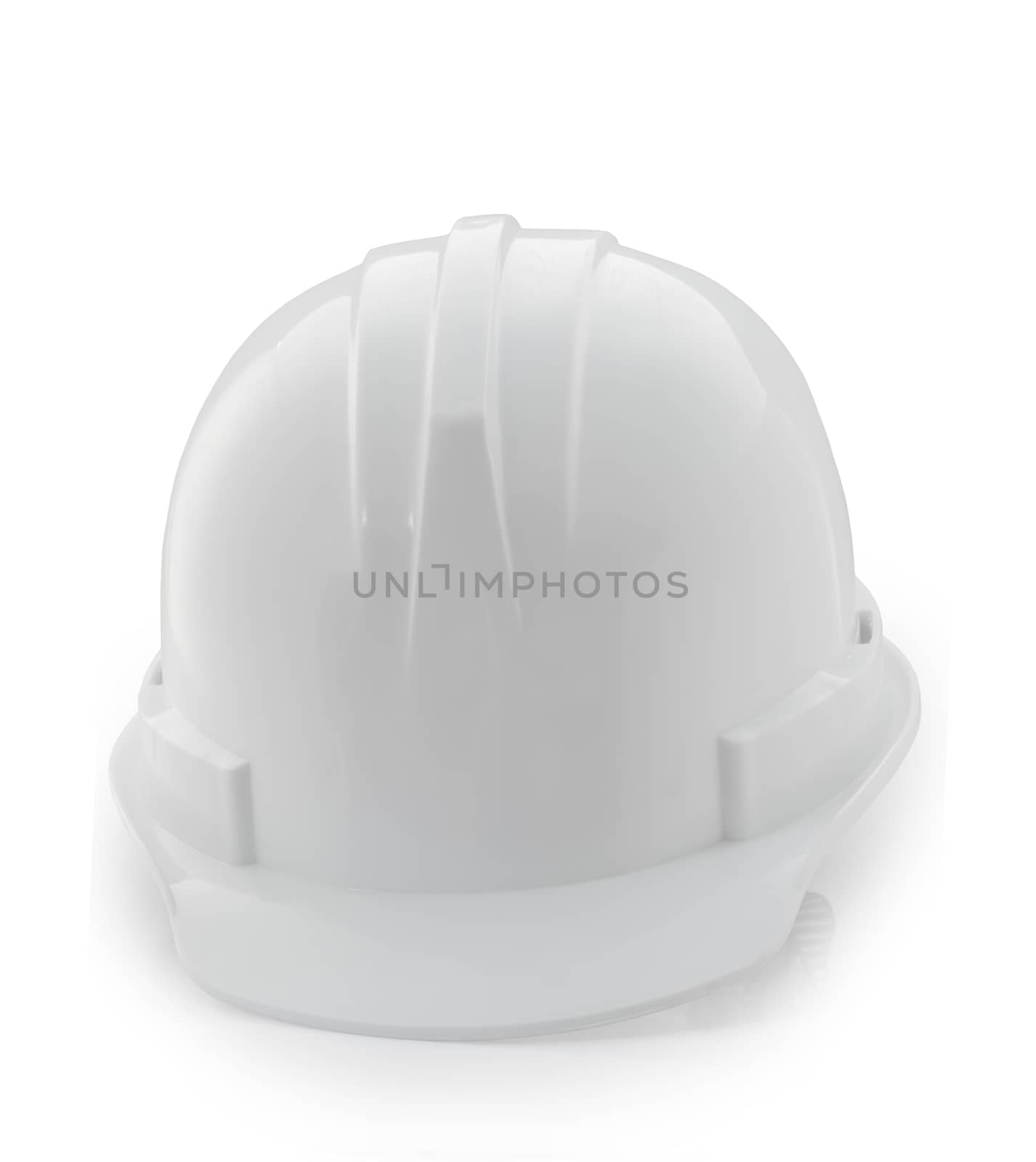 Front view of white safety helmet on white background, hard hat isolated clipping path.