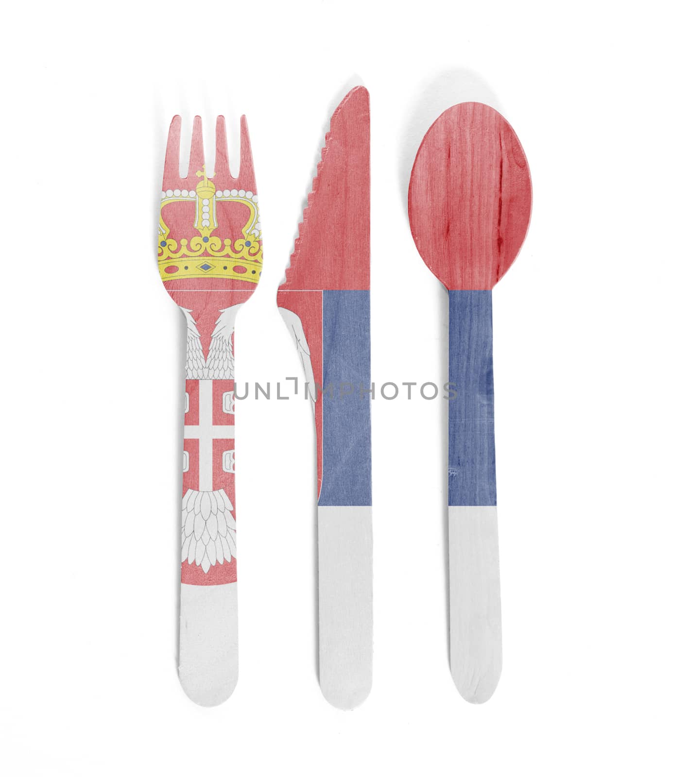 Eco friendly wooden cutlery - Plastic free concept - Isolated - Flag of Serbia