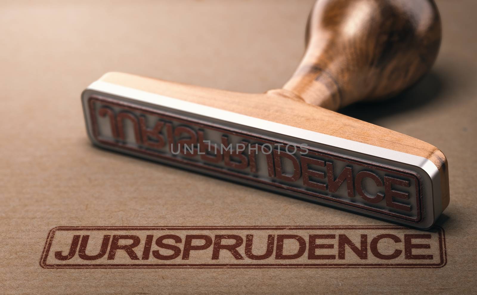3D illustration of a rubber stamp with the word jurisprudence printed on paper background 