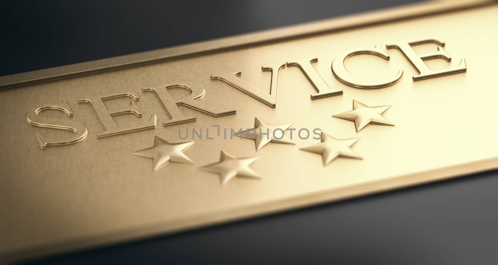 3D illustration of a golden sign with the word service and five stars over black background. Trust concept.
