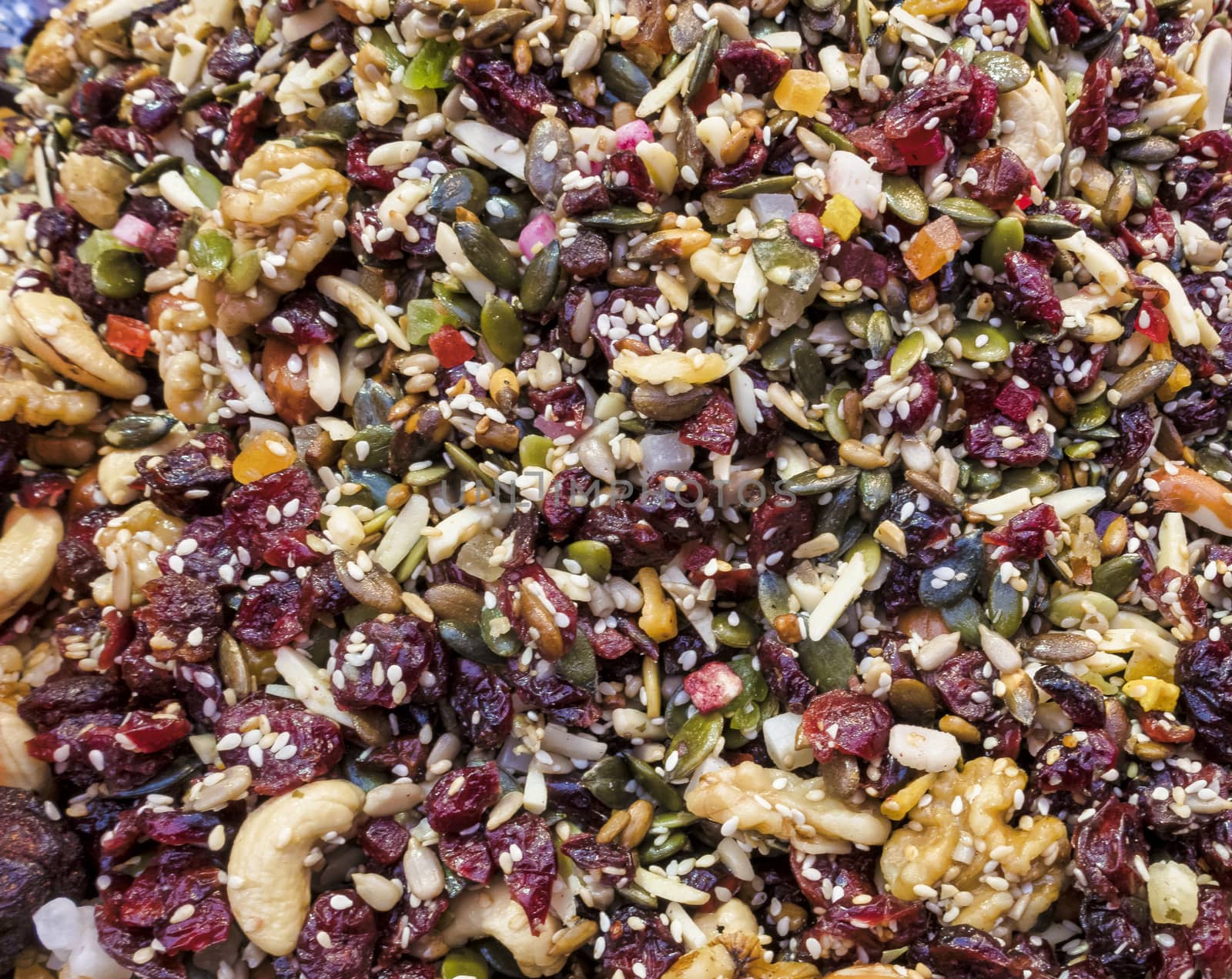 food healthy background of nut seeds and dried fruits