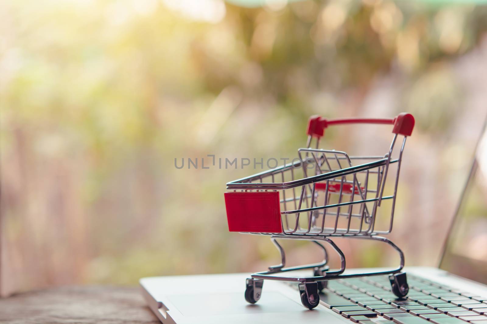 Shopping online concept - Empty shopping cart or trolley on a laptop keyboard. Shopping service on The online web. offers home delivery.
