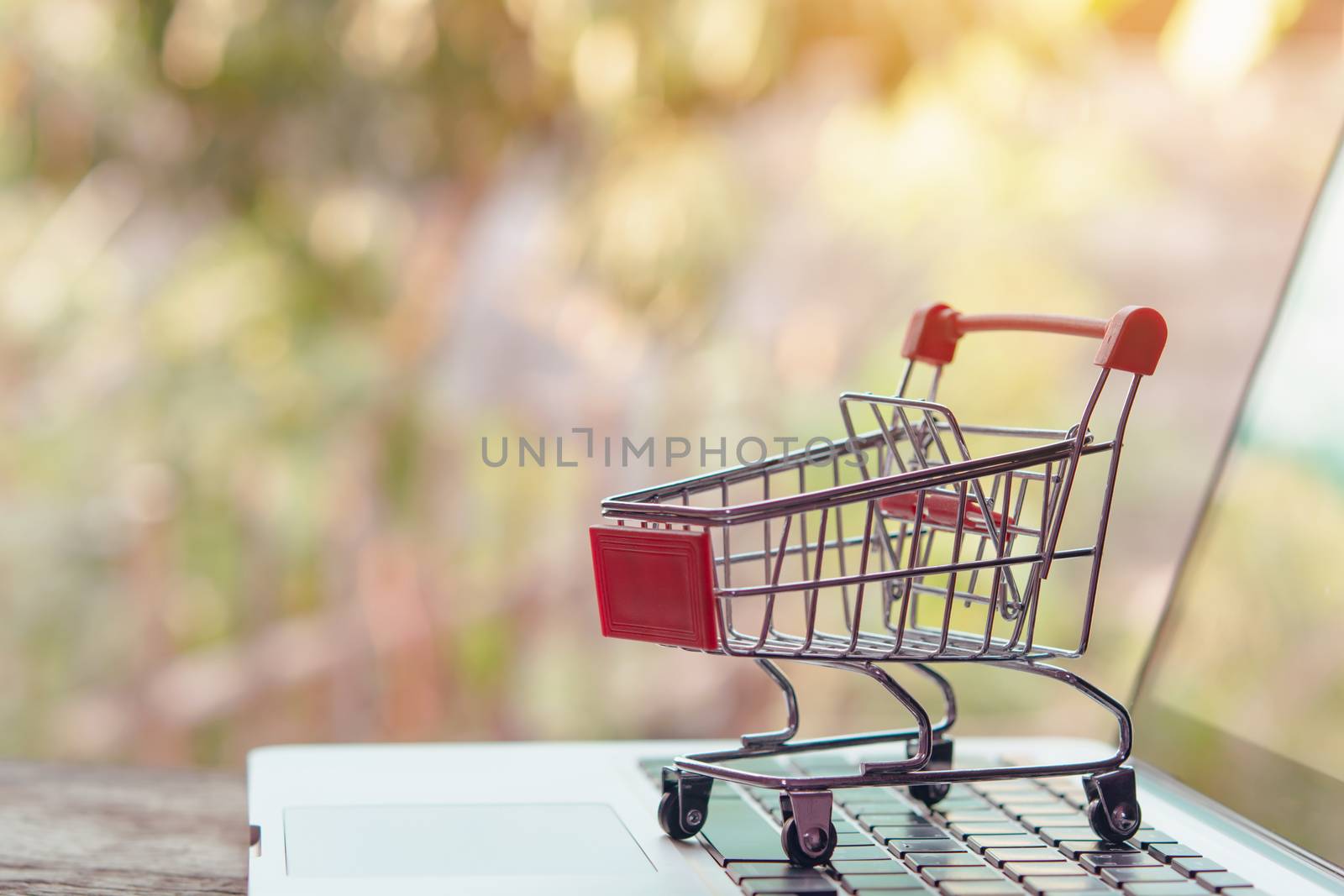 Shopping online concept - Empty shopping cart or trolley on a laptop keyboard. Shopping service on The online web. offers home delivery.
