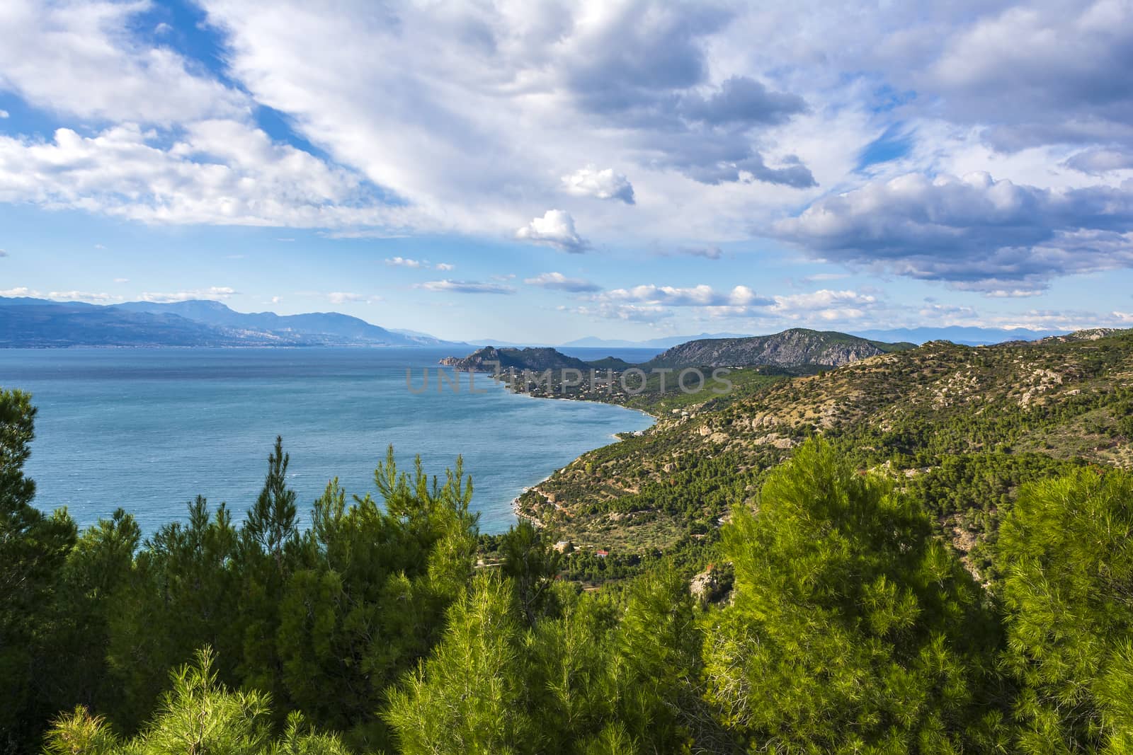 Cape Melagkavi shoreline at gulf of Corinth, Greece