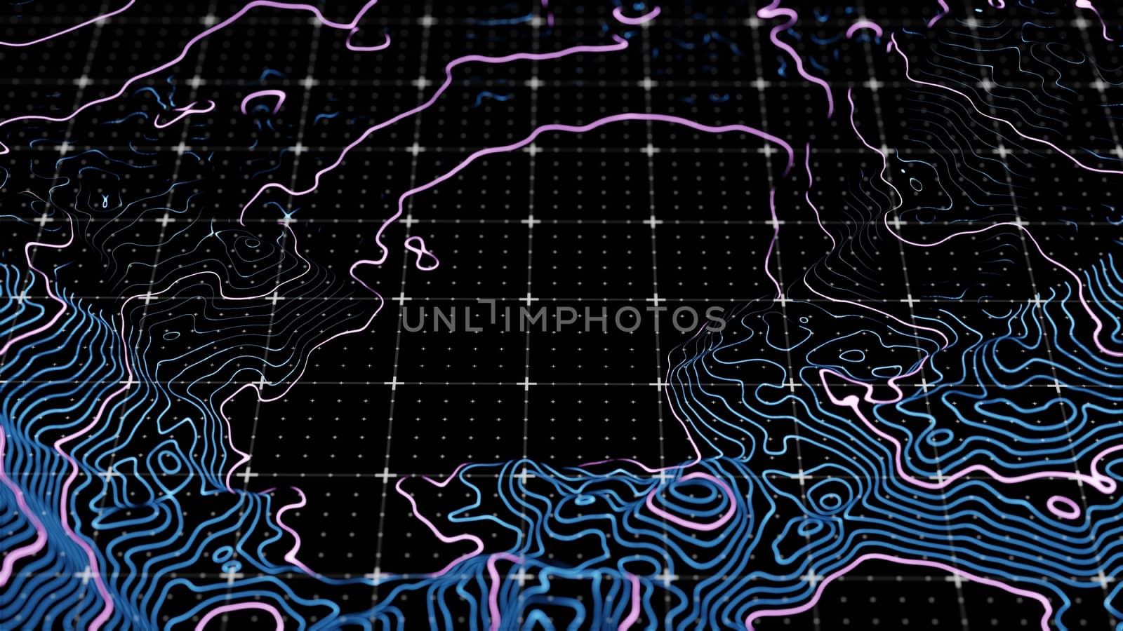 Abstract technological image of glowing topographical map. The concept of digital data. 3D illustration