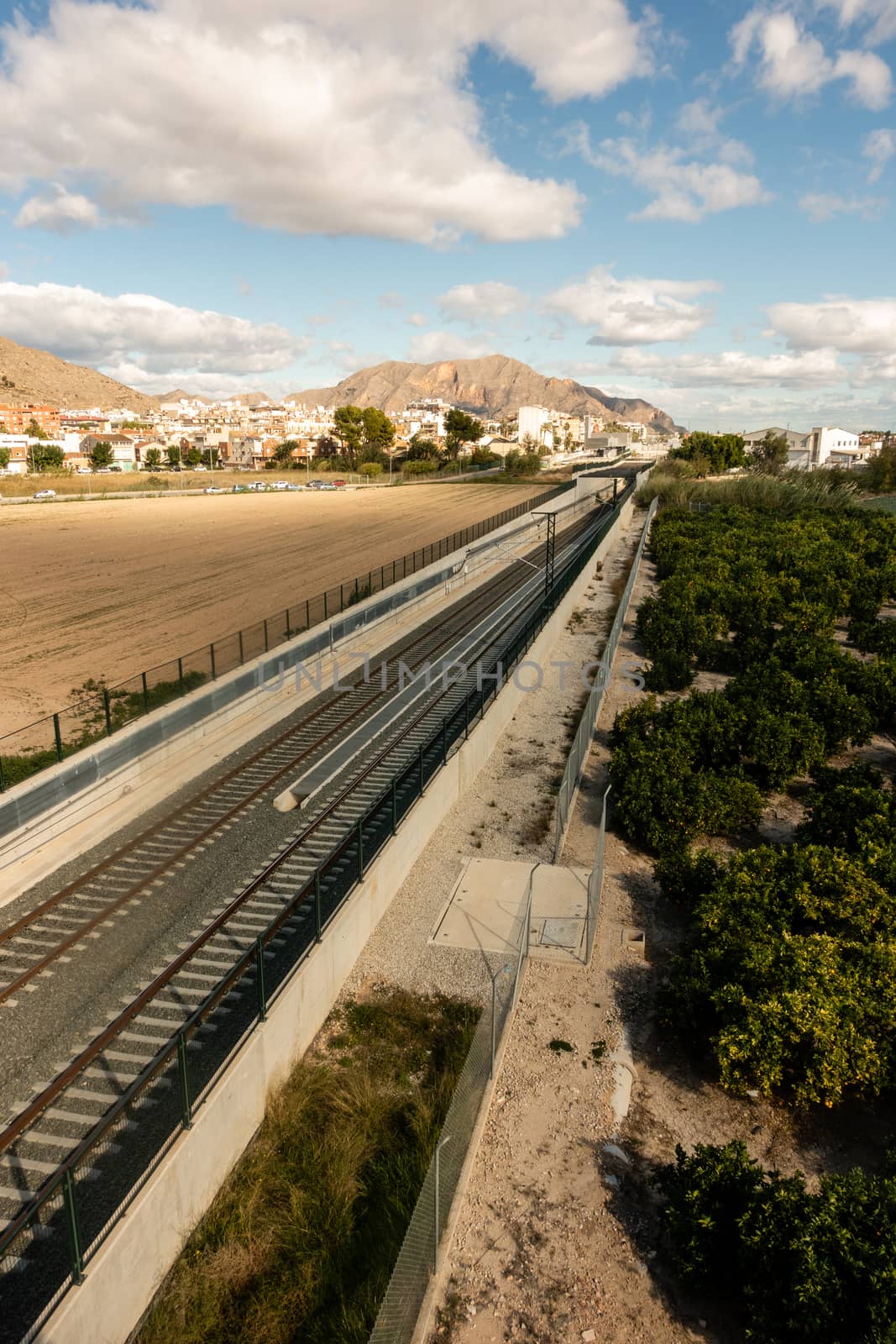 Railway line at Orihuela in Spain as viewed from bridge.