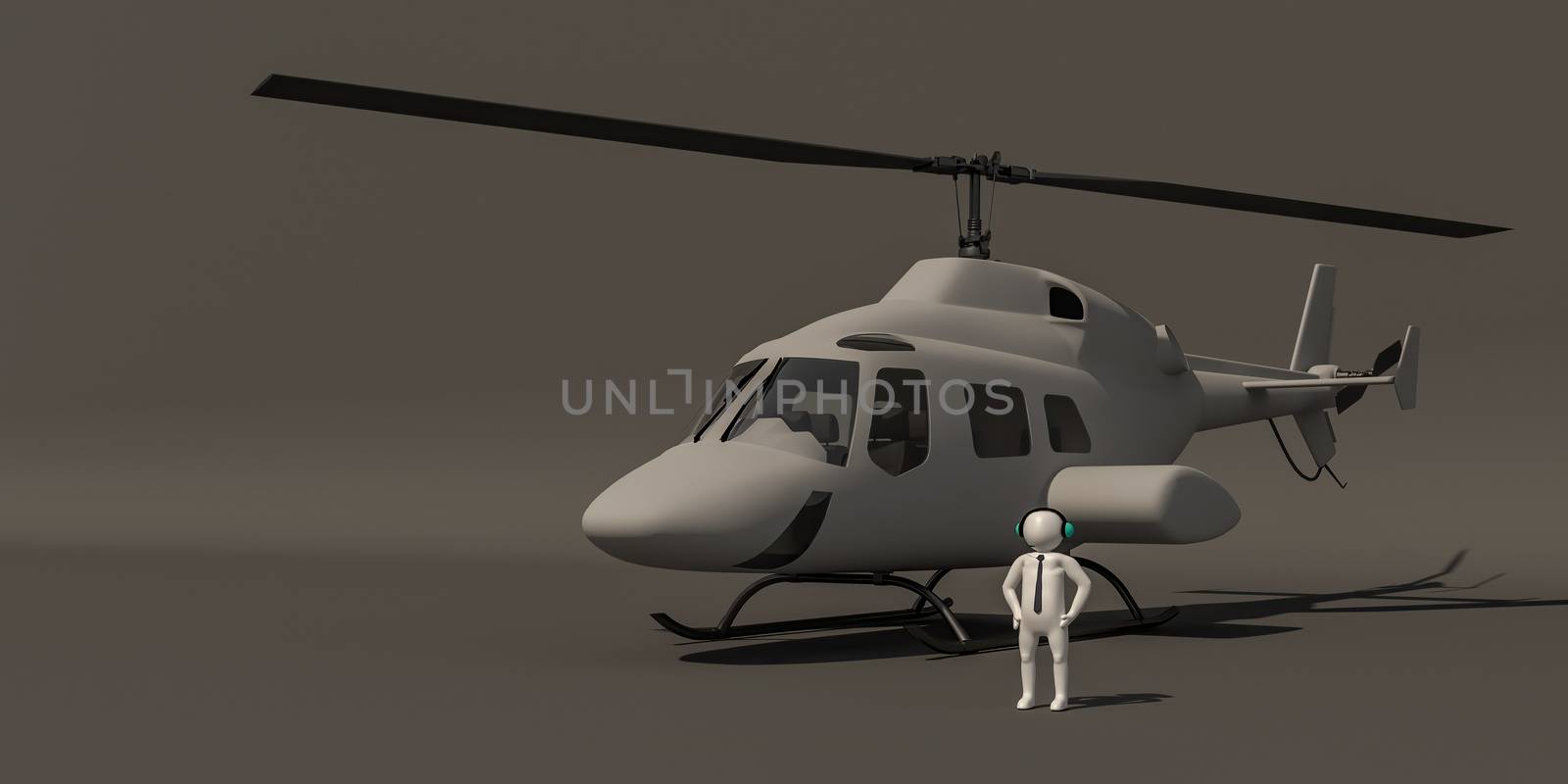 3d illustrator, 3d rendering of the White character of The pilots and Helicopter