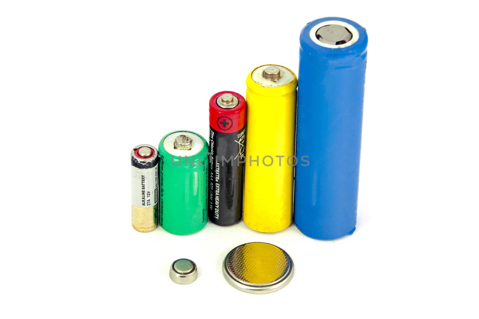 different types of batteries and accumulators color on white background, isolated