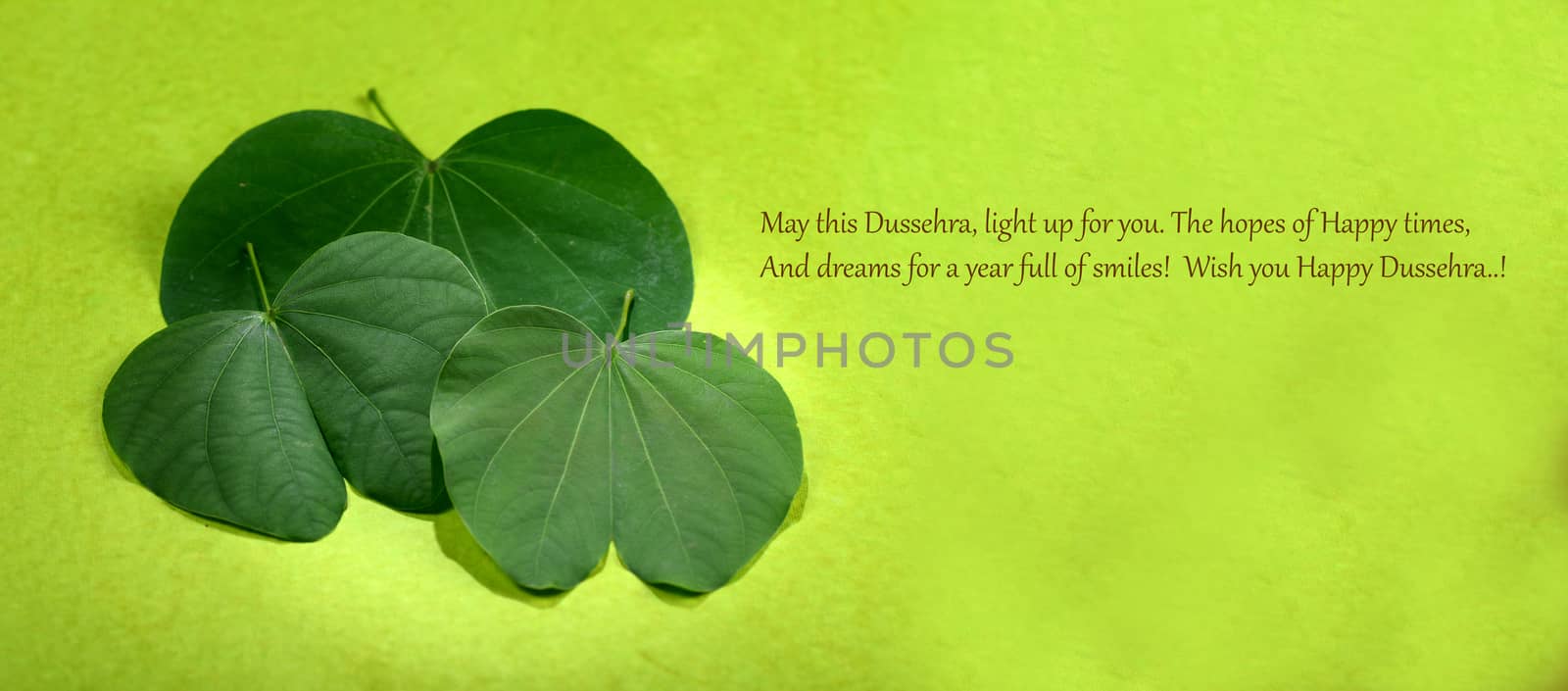 Indian Festival Dussehra, showing golden leaf and flowers on green background. Greeting card.
