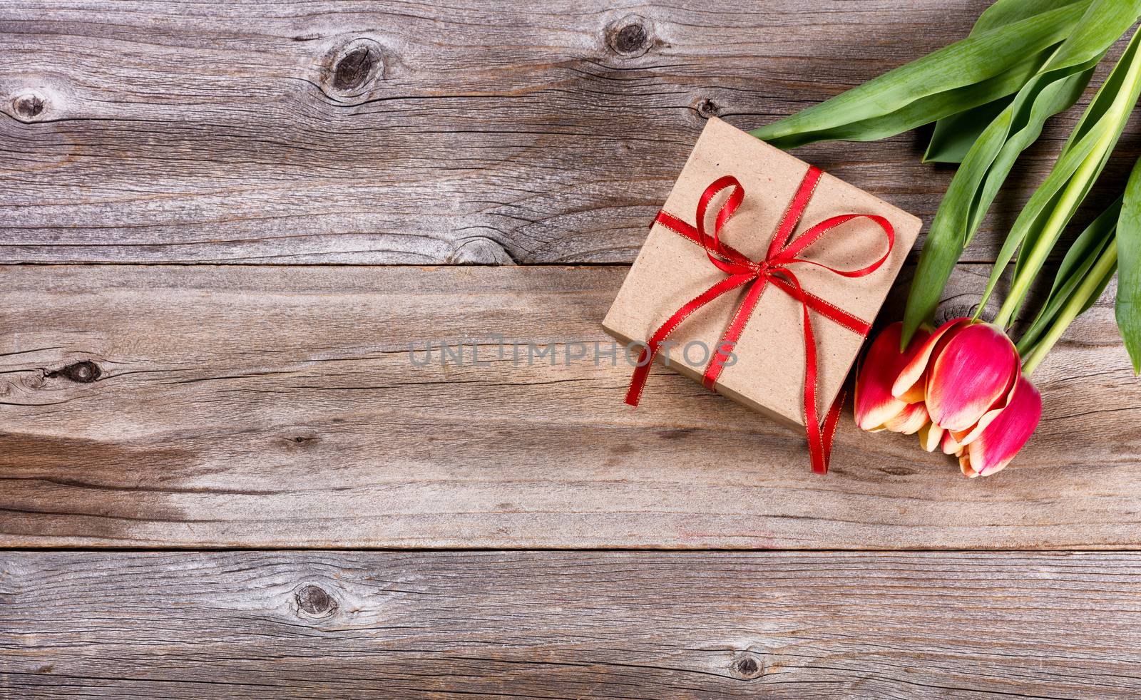 Tulips and present, upper right hand corner, on rustic wood. Overhead view. 