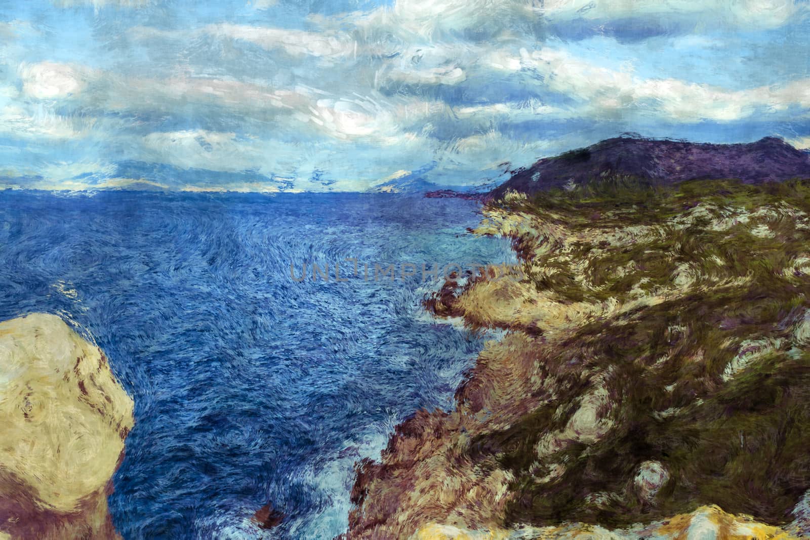Cape Melagkavi shoreline at gulf of Corinth, Greece - Digital paint