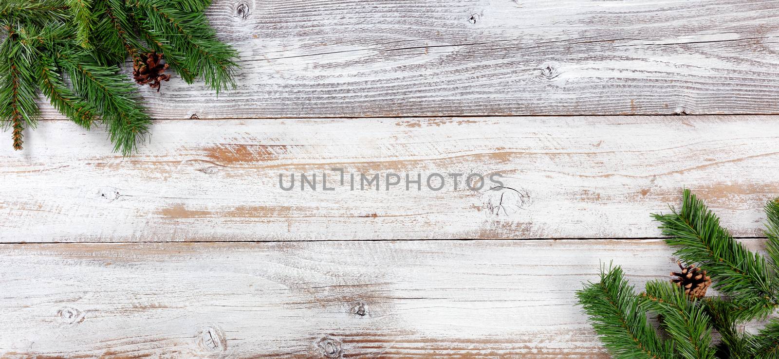Christmas Evergreen decorations in left and right corners on white vintage wood