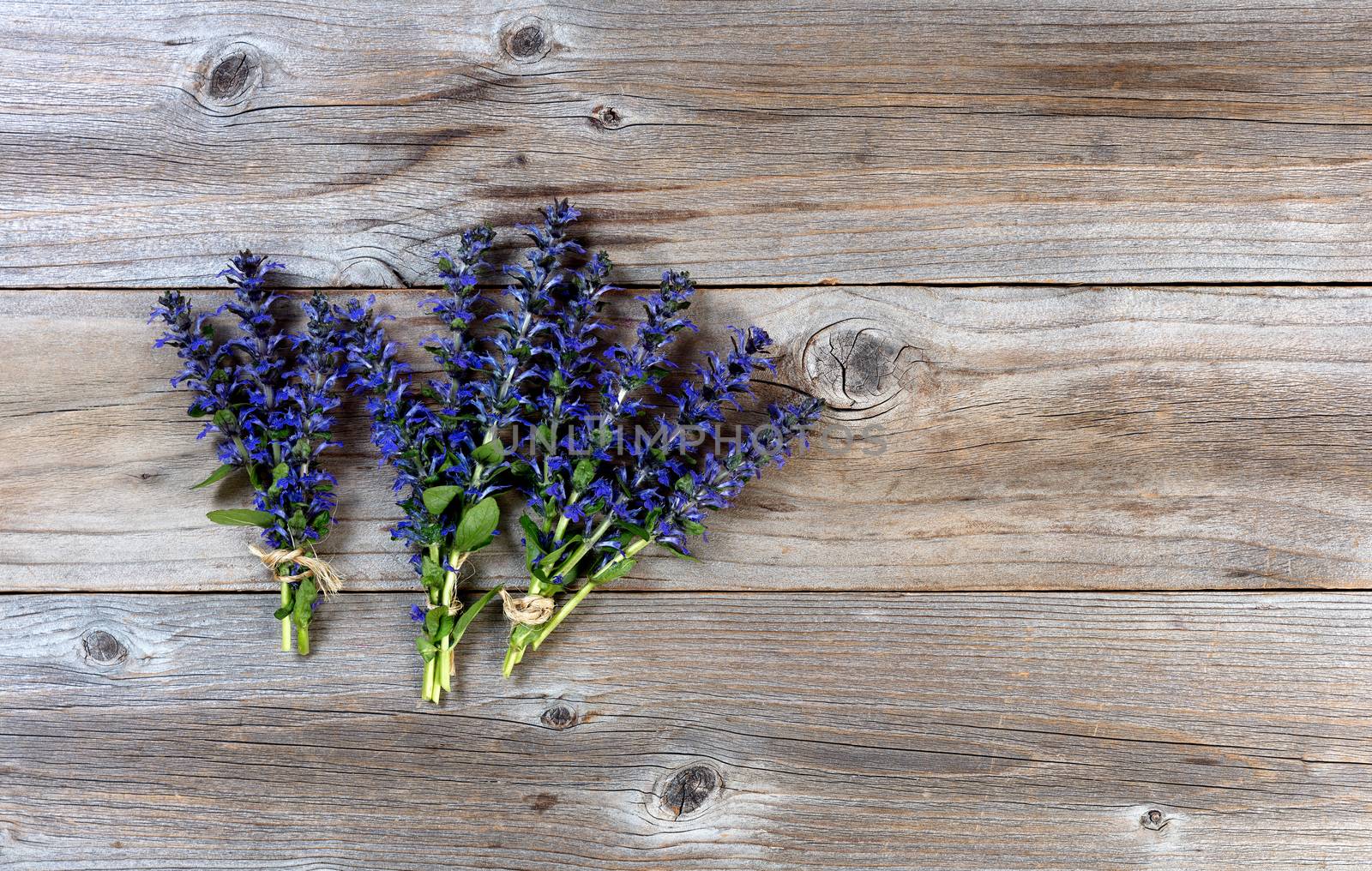 Three bundles of wild spring flowers on rustic wood. Flat lay view. 