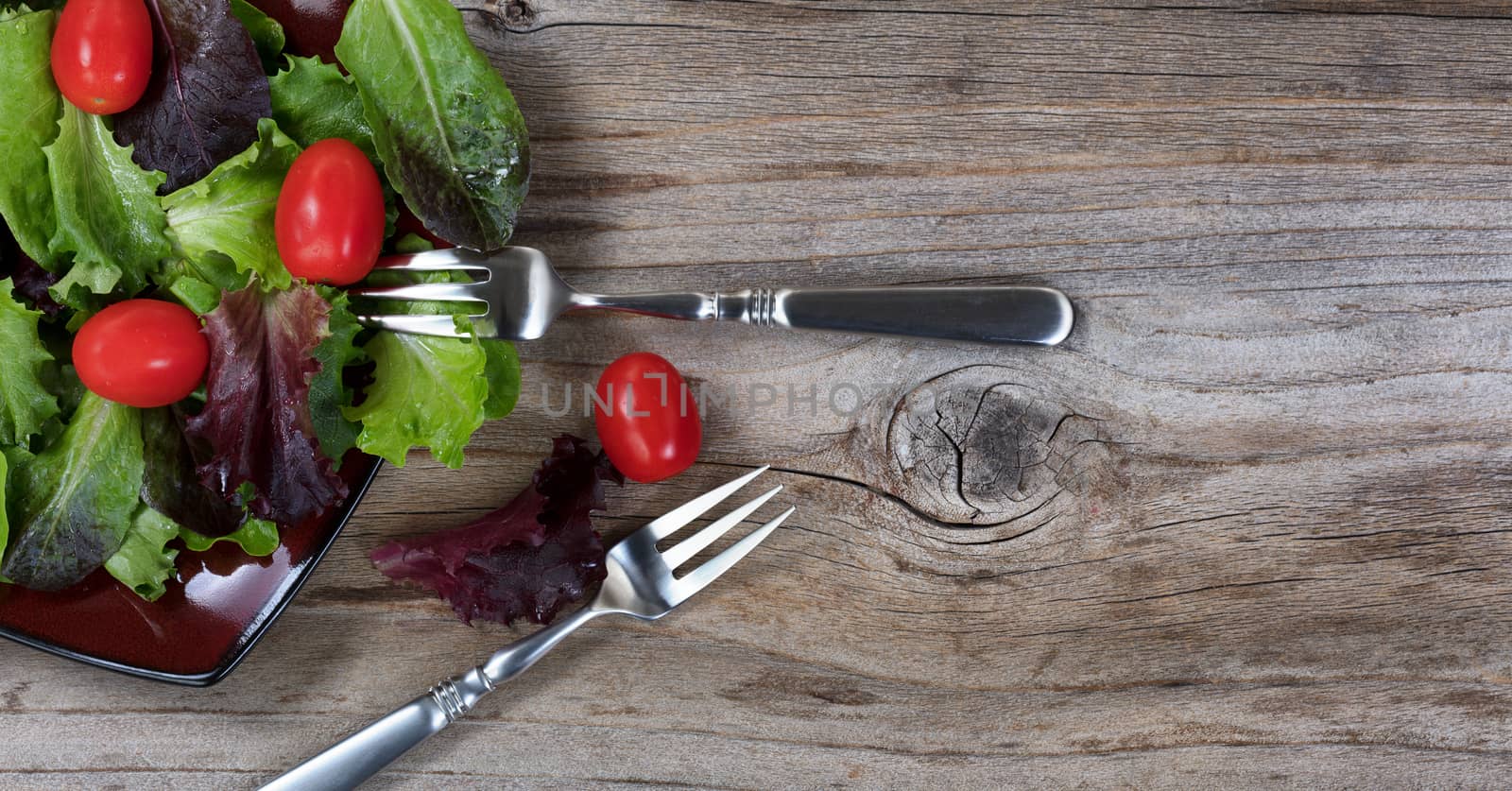 Organic healthy salad in flat view layout on rustic wood. 